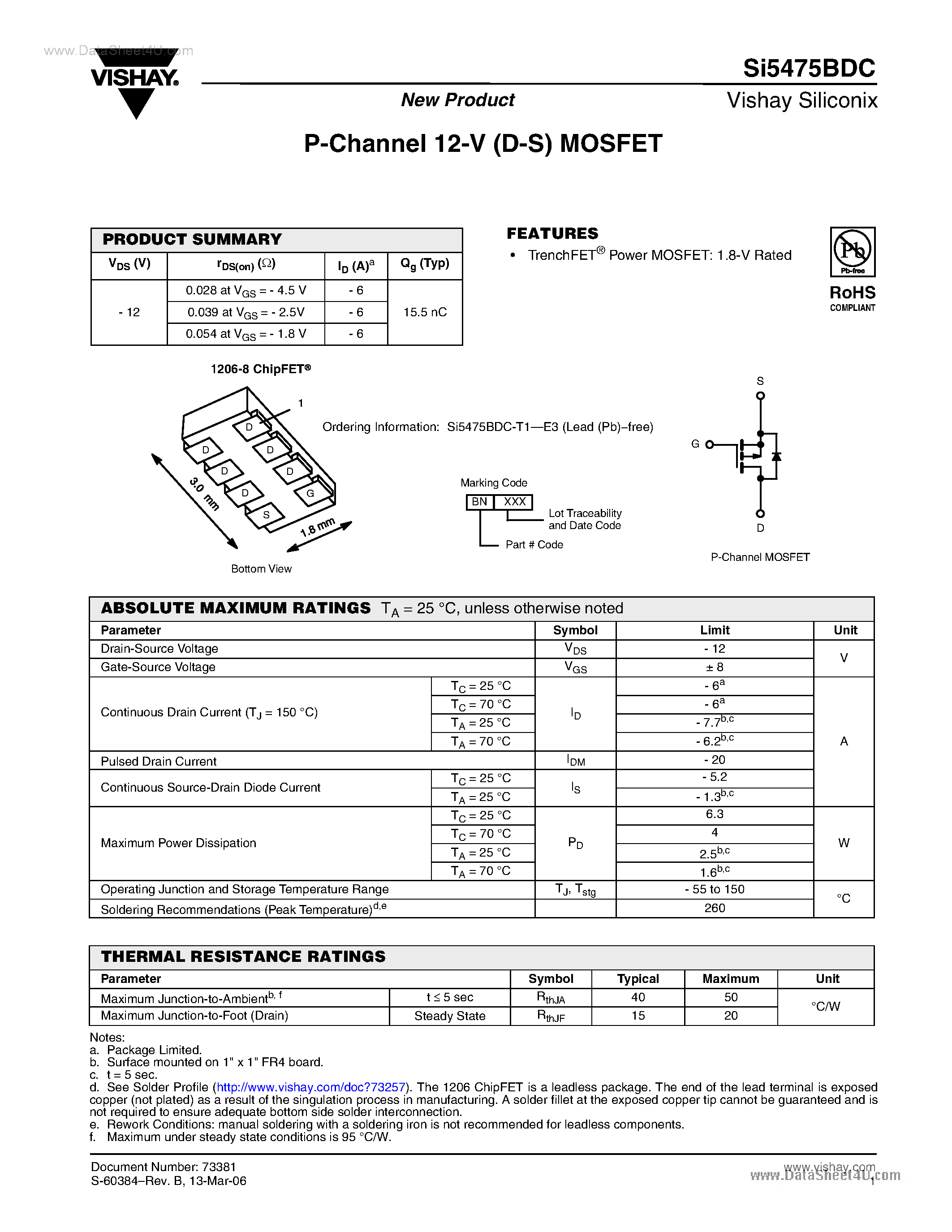 Даташит на микросхему SI5475BDC страница 1 Даташит SI5475BDC - P-Channel MOSFET страница 1