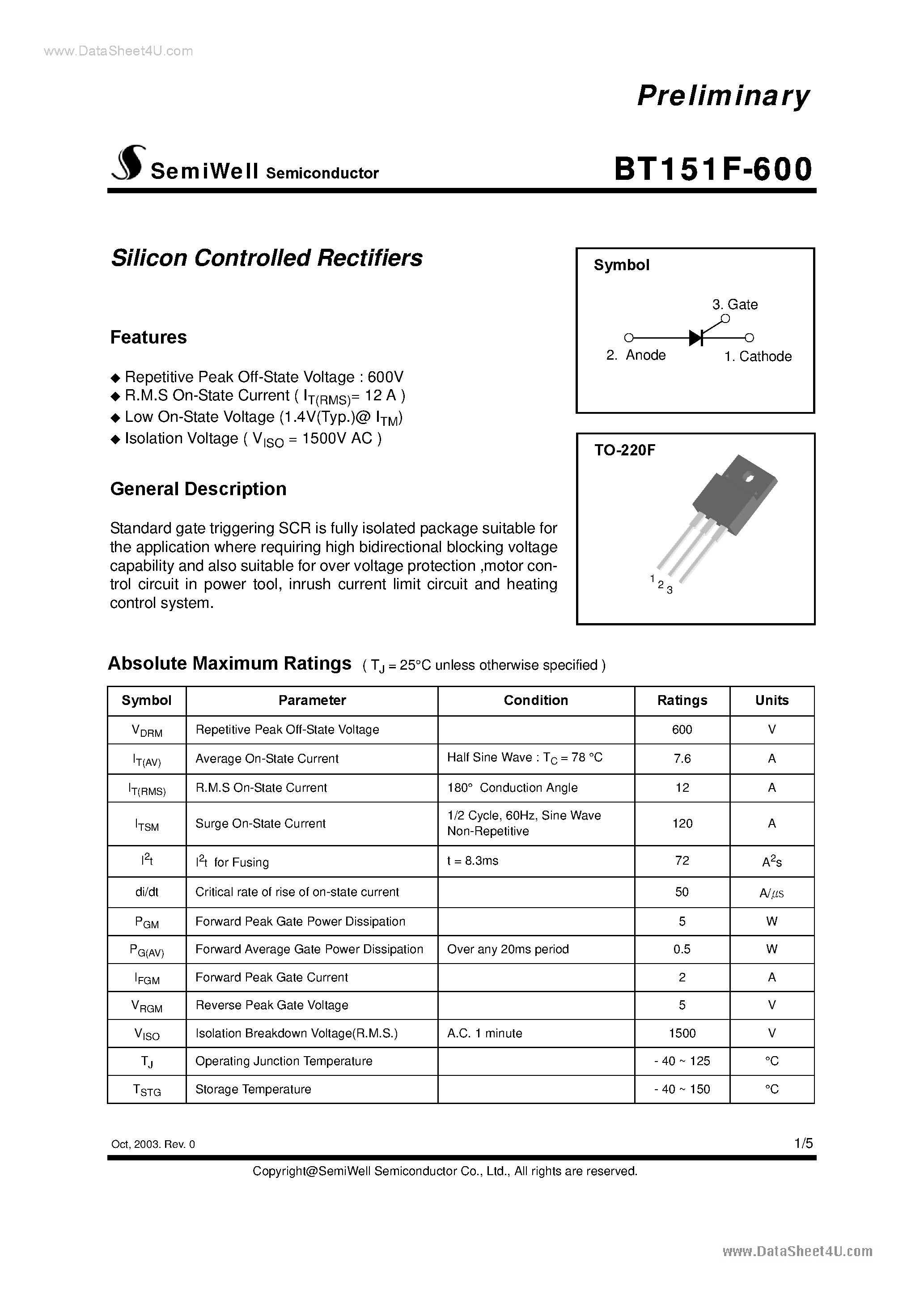 Datasheet BT151F-600 page 1 Datasheet BT151F-600 - Silicon Controlled Rectifiers page 1