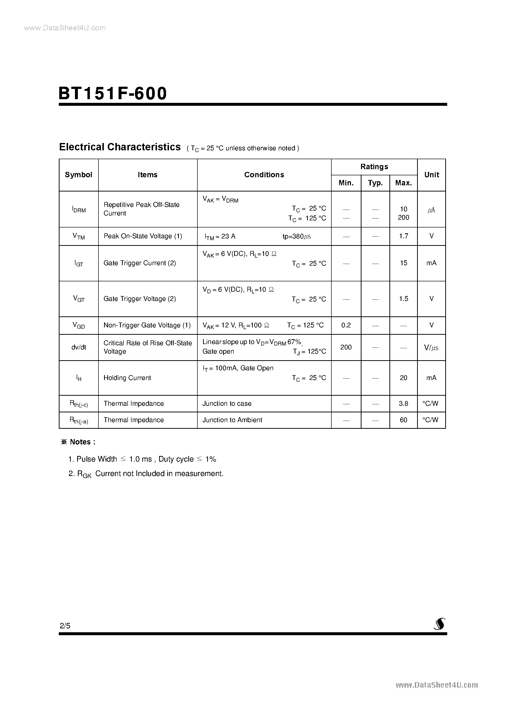 Datasheet BT151F-600 page 2 Datasheet BT151F-600 - Silicon Controlled Rectifiers page 2
