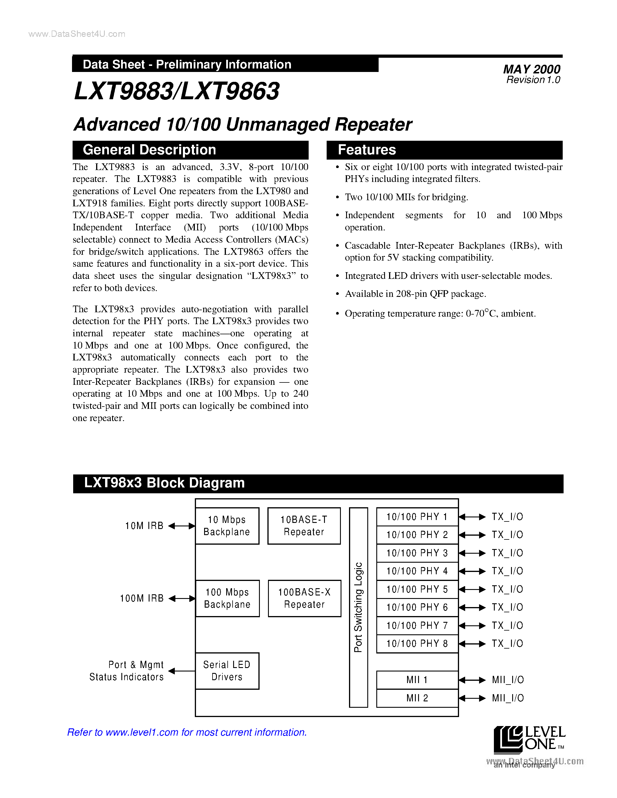 Datasheet LTX9863 - (LTX9883 / LTX9863) Advanced 10/100 Unmanaged Repeater page 1