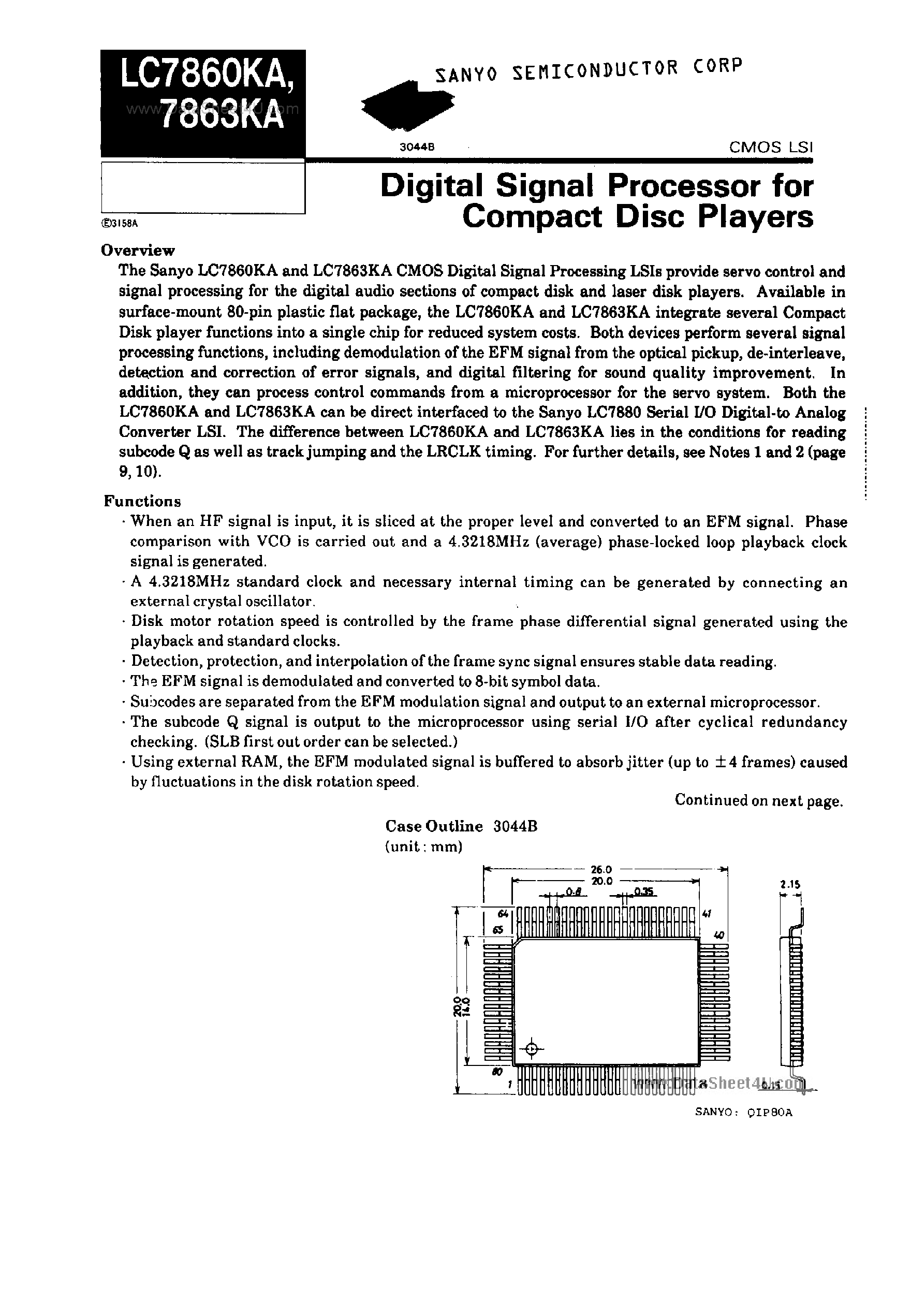 Даташит LC7860KA - (LC7860KA / LC7863KA) DIGITAL SIGNAL PROCESSOR FOR COMPACT DISC PLAYERS страница 1