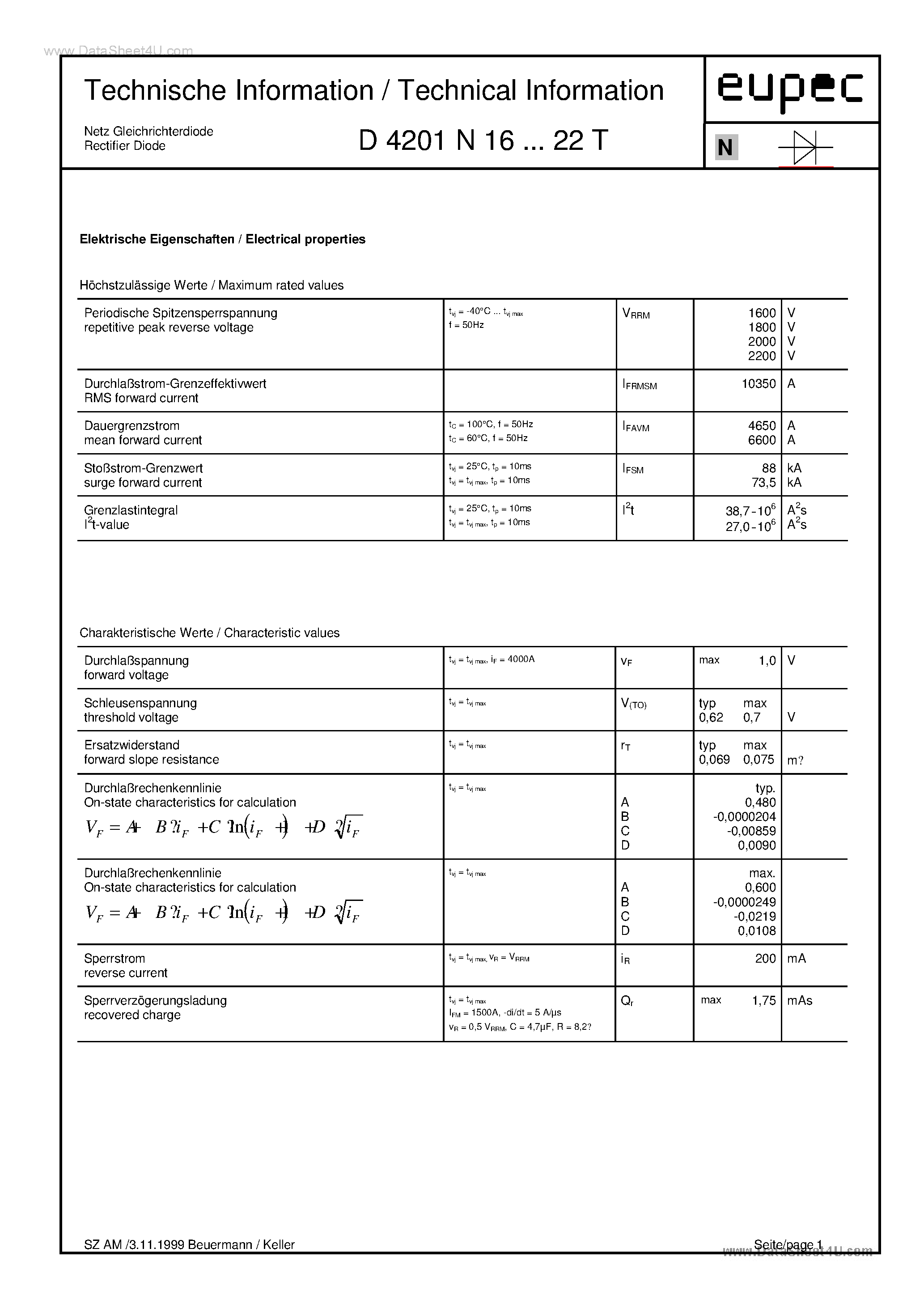 Datasheet D4201N page 1 Datasheet D4201N - Rectifier Diode page 1