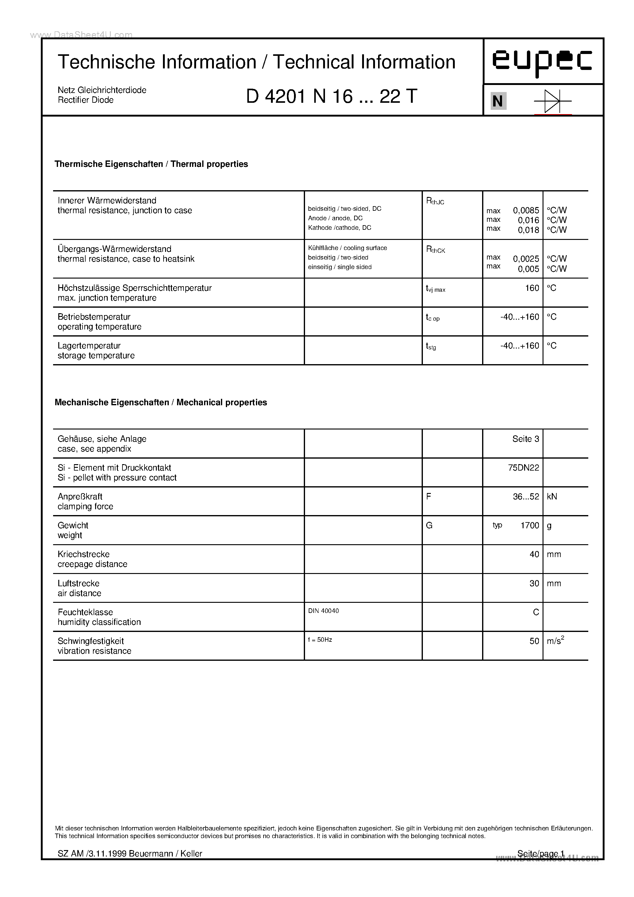 Datasheet D4201N page 2 Datasheet D4201N - Rectifier Diode page 2