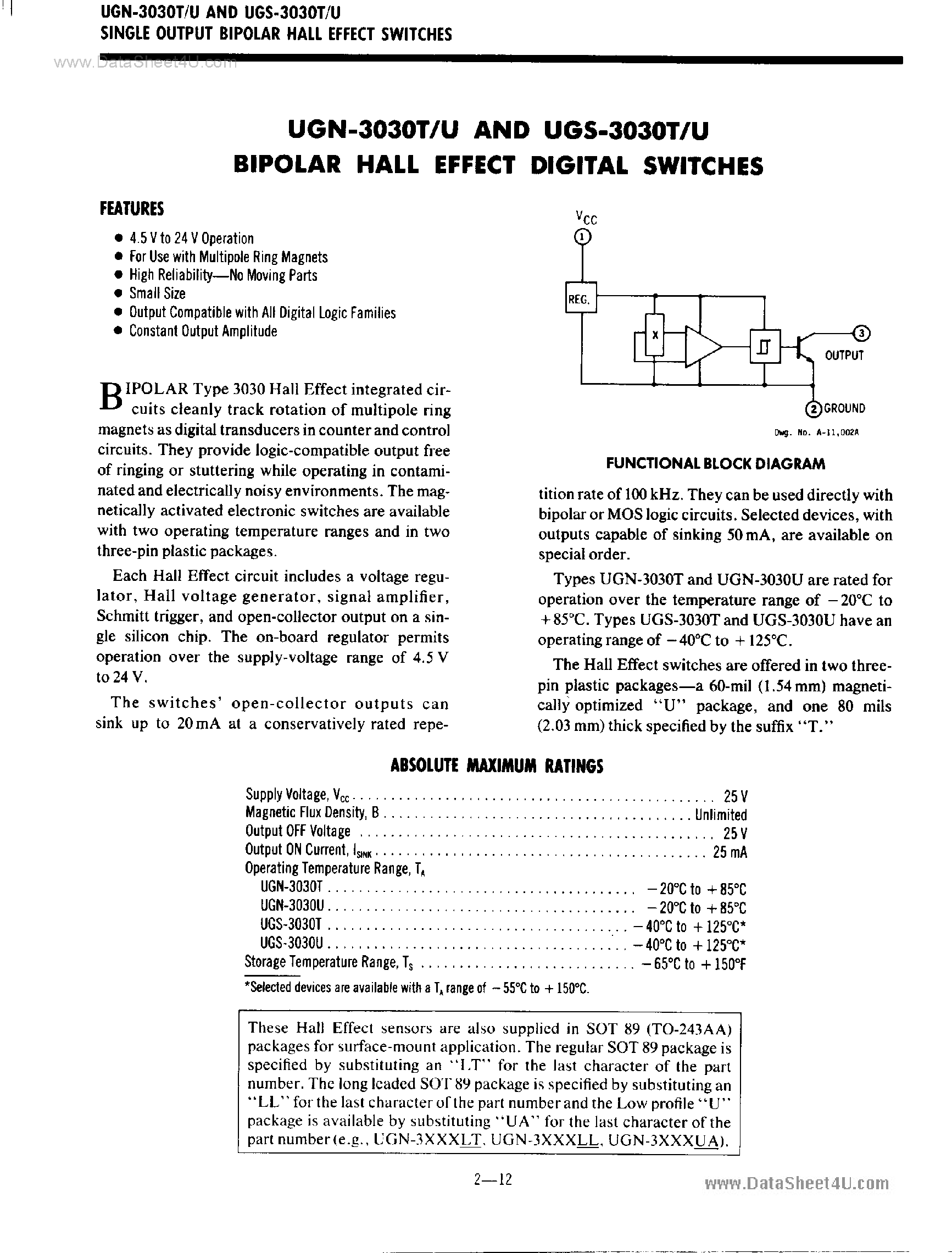 Даташит на микросхему UGN-3030T страница 1 Даташит UGN-3030T - Bipolar Hall Effect Digital Switches страница 1