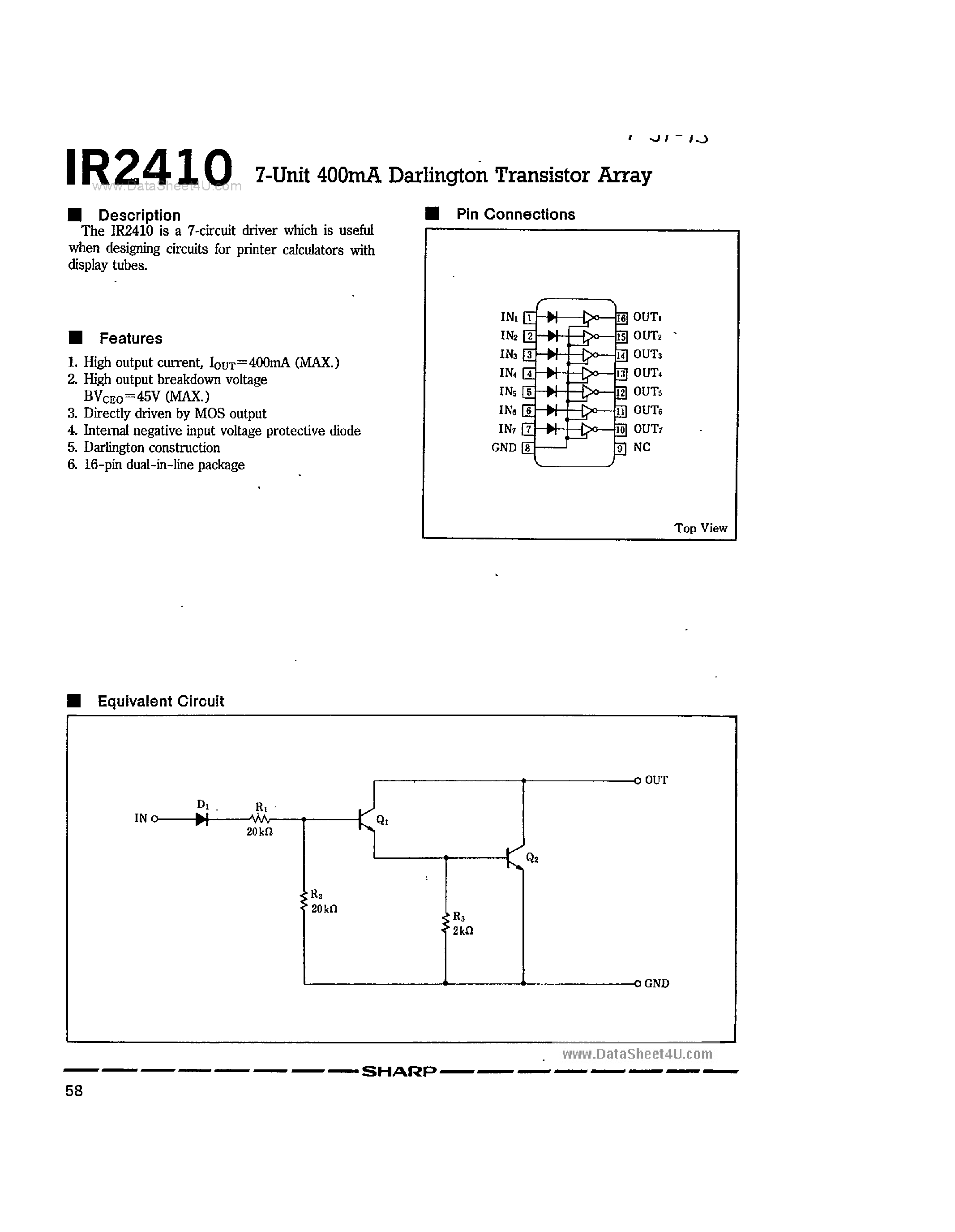 Datasheet IR2410 - 7-Unit 400mA Darlington Transistor Array page 1