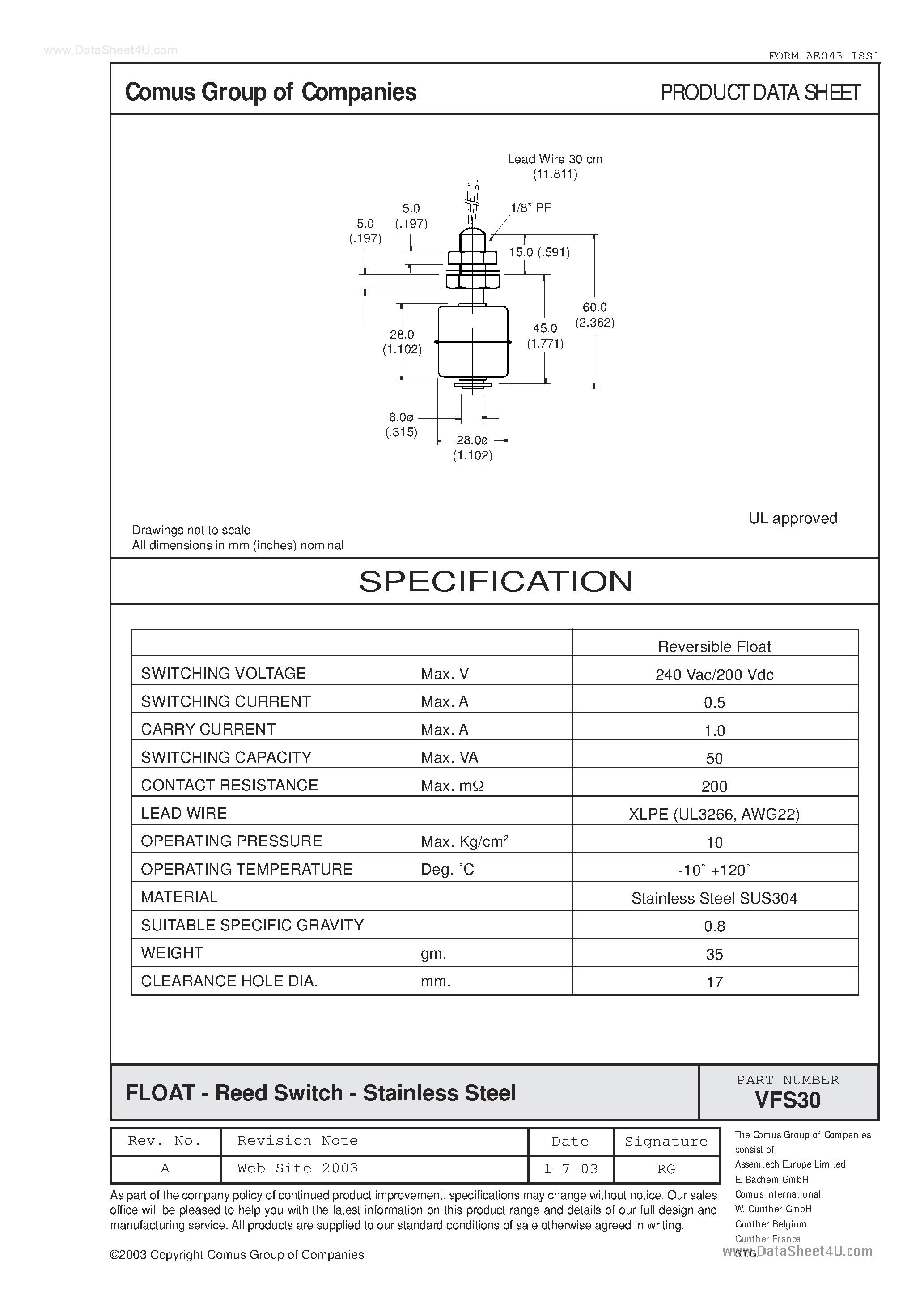 Datasheet VFS30 - Float - Reed Switch page 1