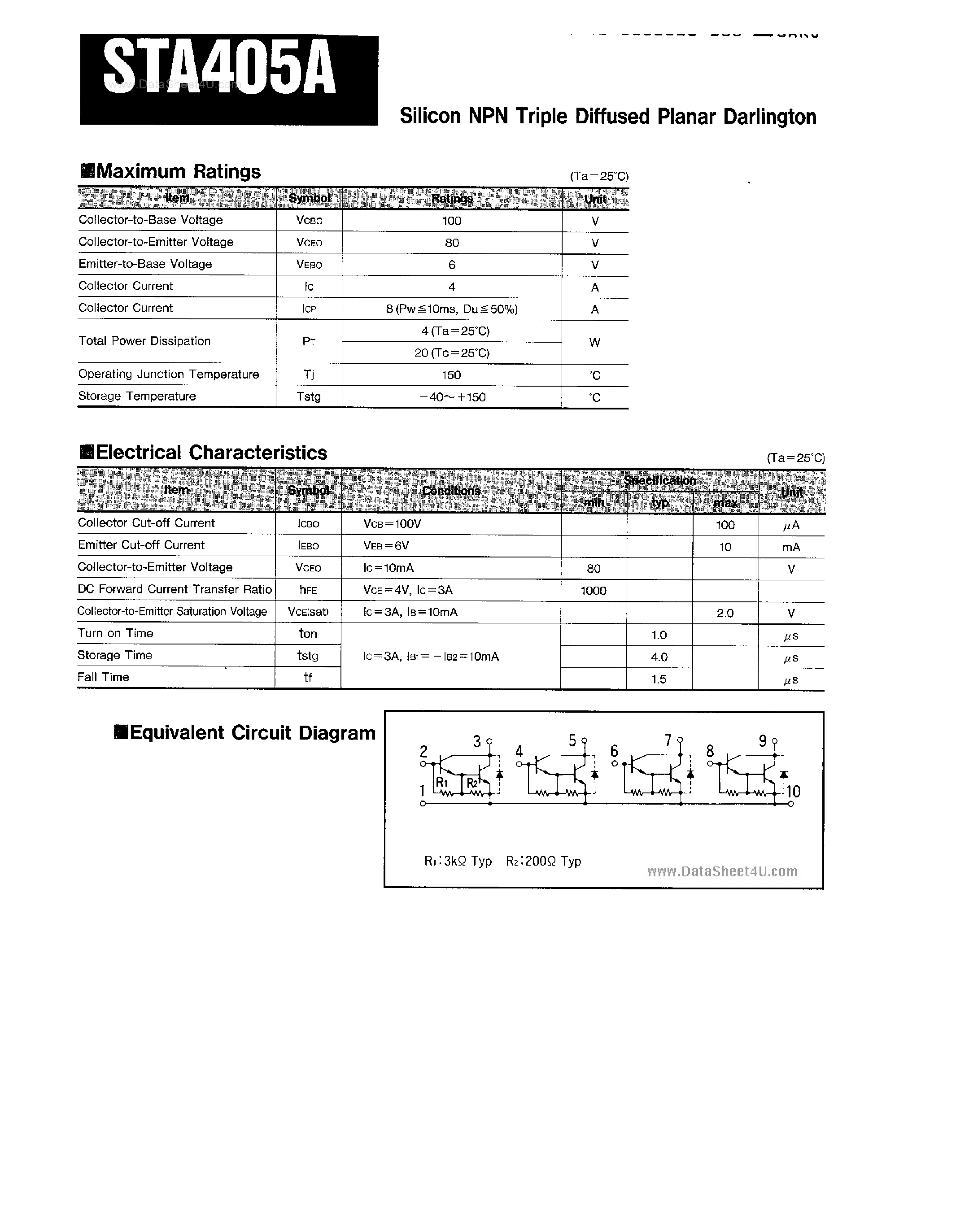 Datasheet STA405A page 1 Datasheet STA405A - Silicon NPN Triple Diffused Planar Darlington page 1