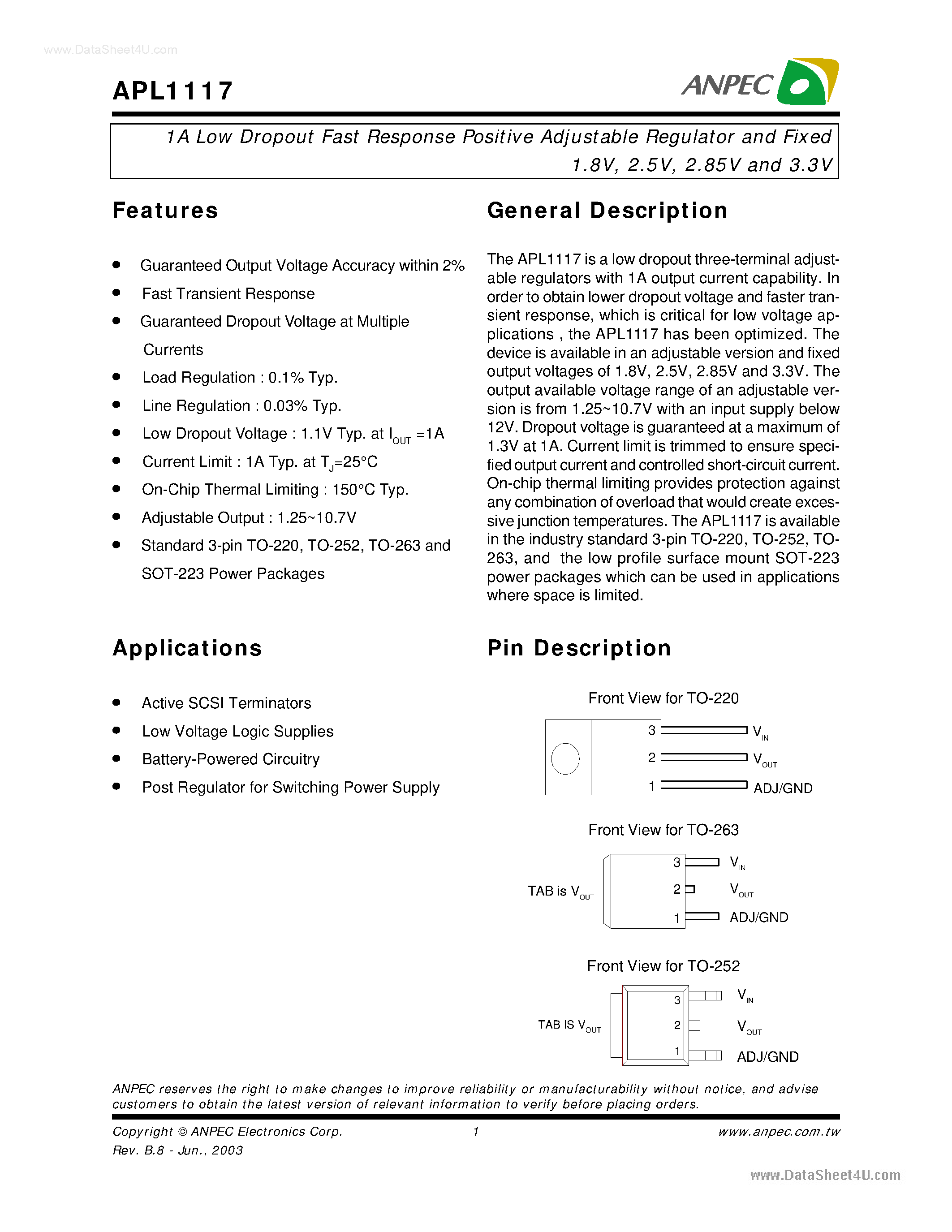 Даташит APL1117 - 1A Low Dropout Fast Response Positive Adjustable Regulator страница 1