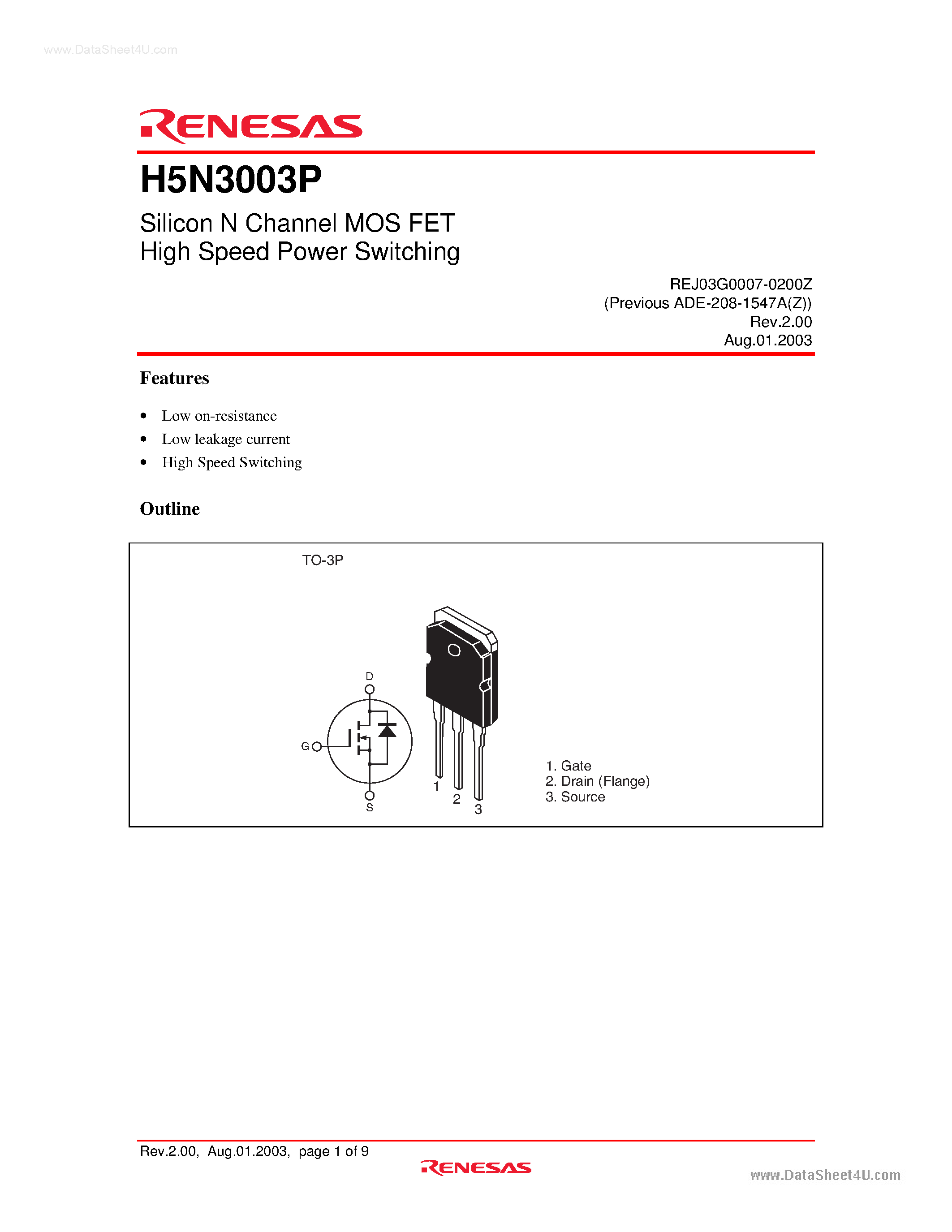 Datasheet H5N3003P page 1 Datasheet H5N3003P - Silicon N Channel MOS FET High Speed Power Switching page 1
