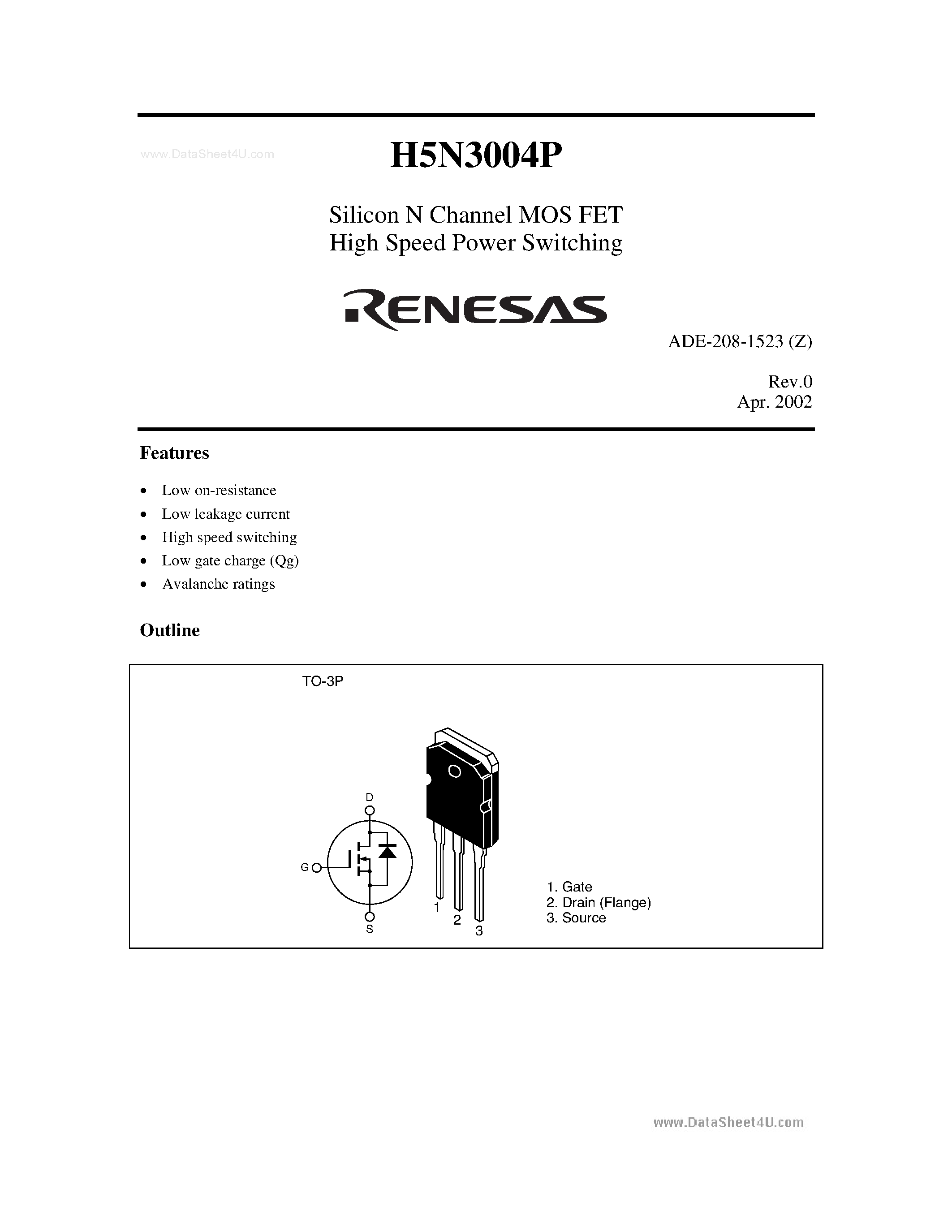 Datasheet H5N3004P - Silicon N Channel MOS FET High Speed Power Switching page 1