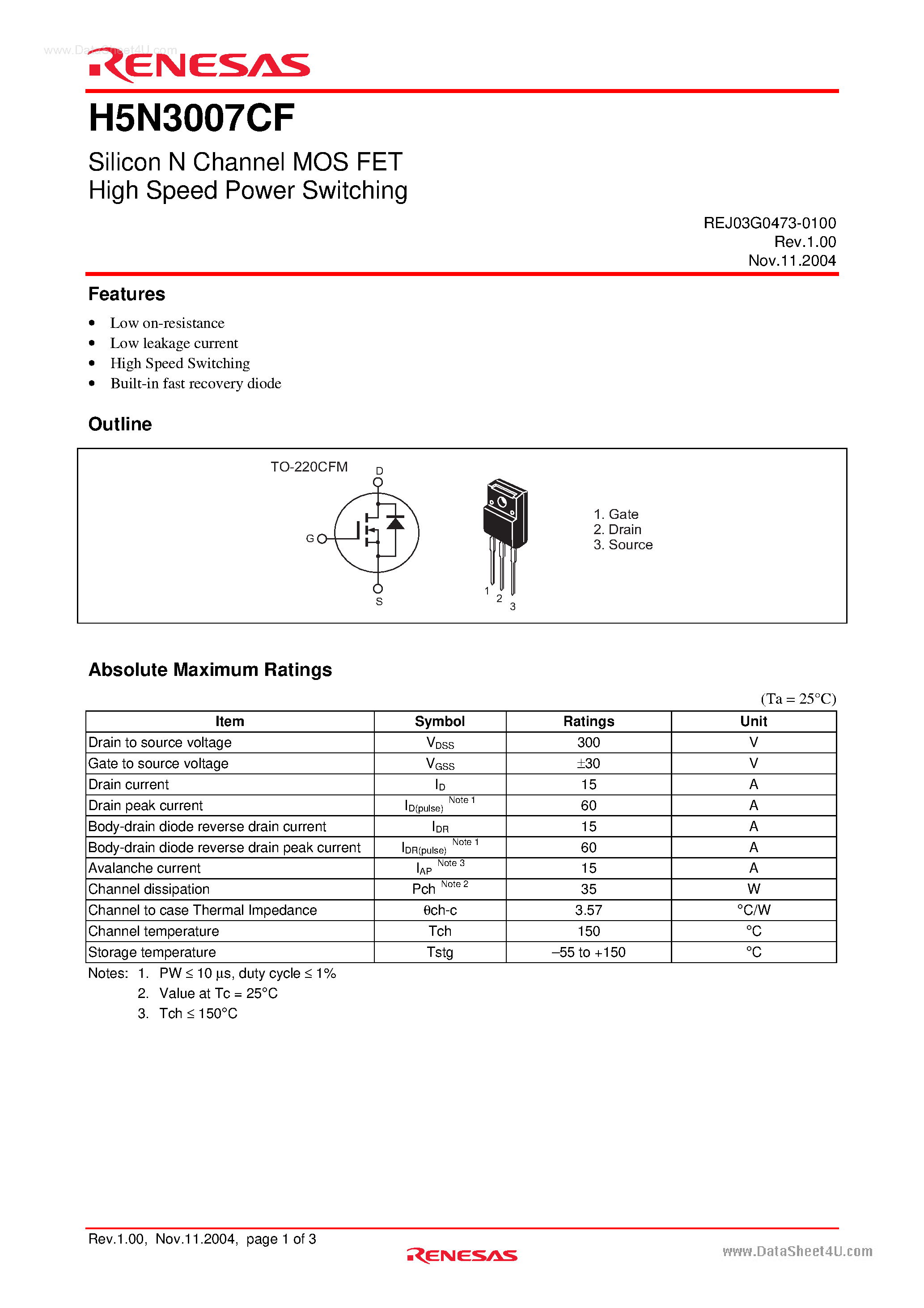 Datasheet H5N3007CF - Silicon N Channel MOS FET High Speed Power Switching page 1