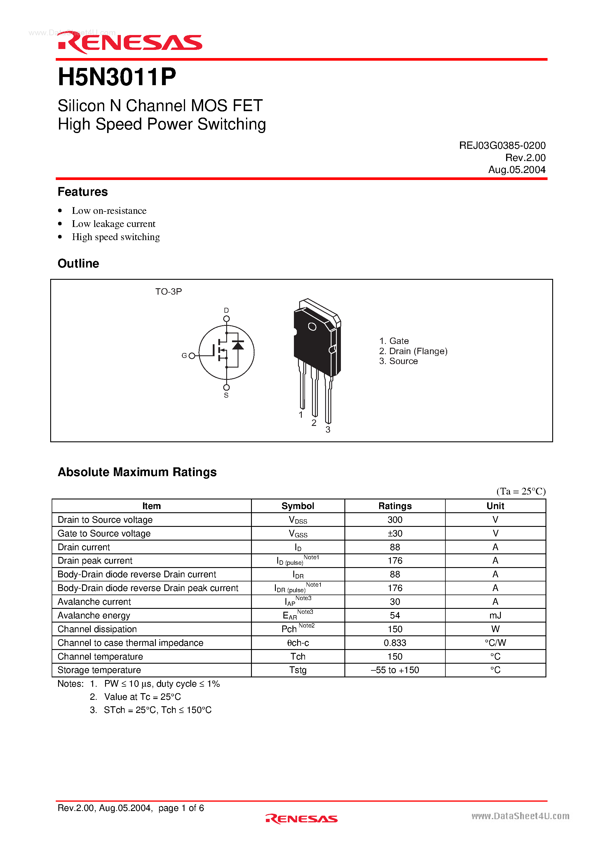 Datasheet H5N3011P page 1 Datasheet H5N3011P - Silicon N Channel MOS FET High Speed Power Switching page 1
