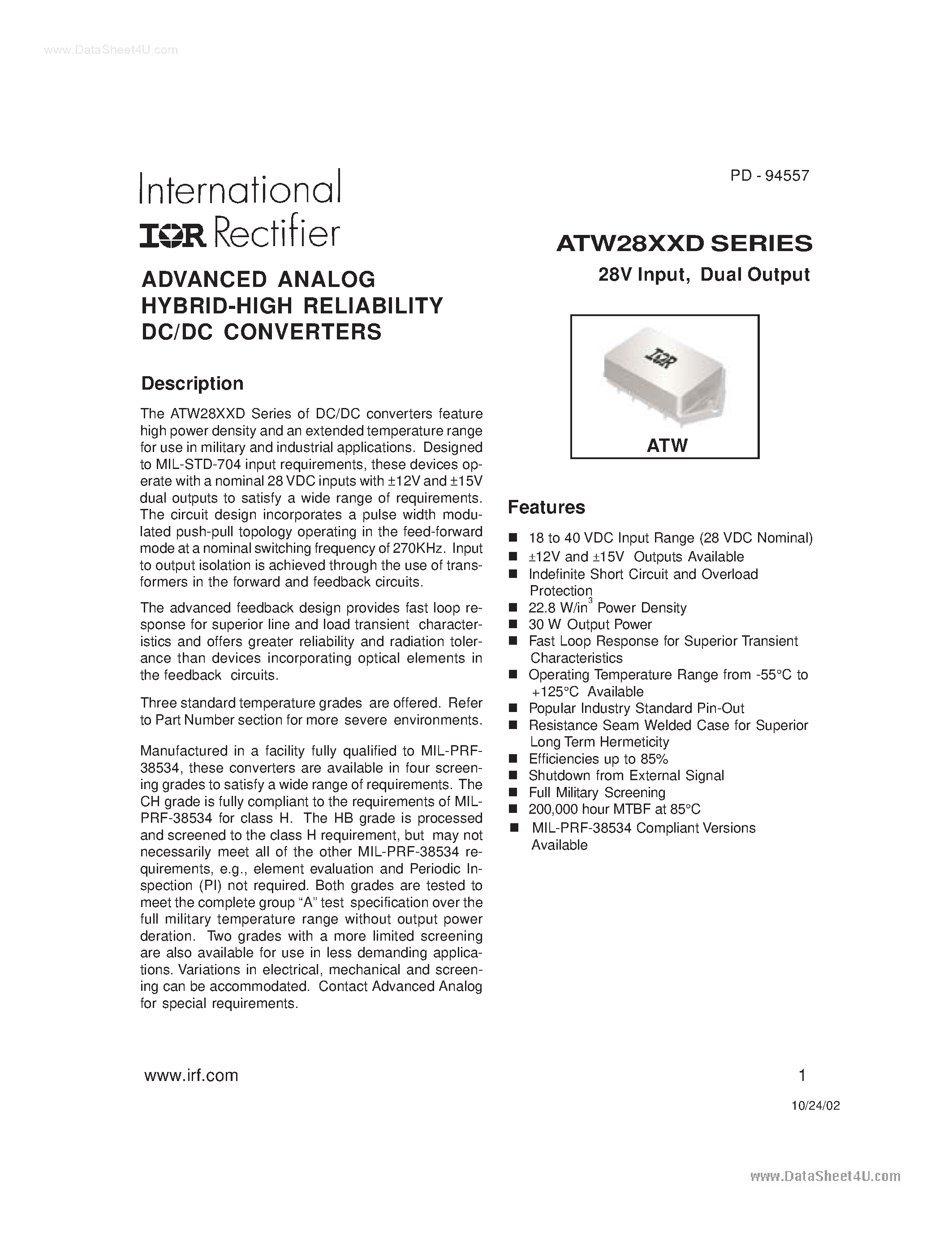 Datasheet ATW28xxD - ADVANCED ANALOG HYBRID-HIGH RELIABILITY DC/DC CONVERTERS page 1