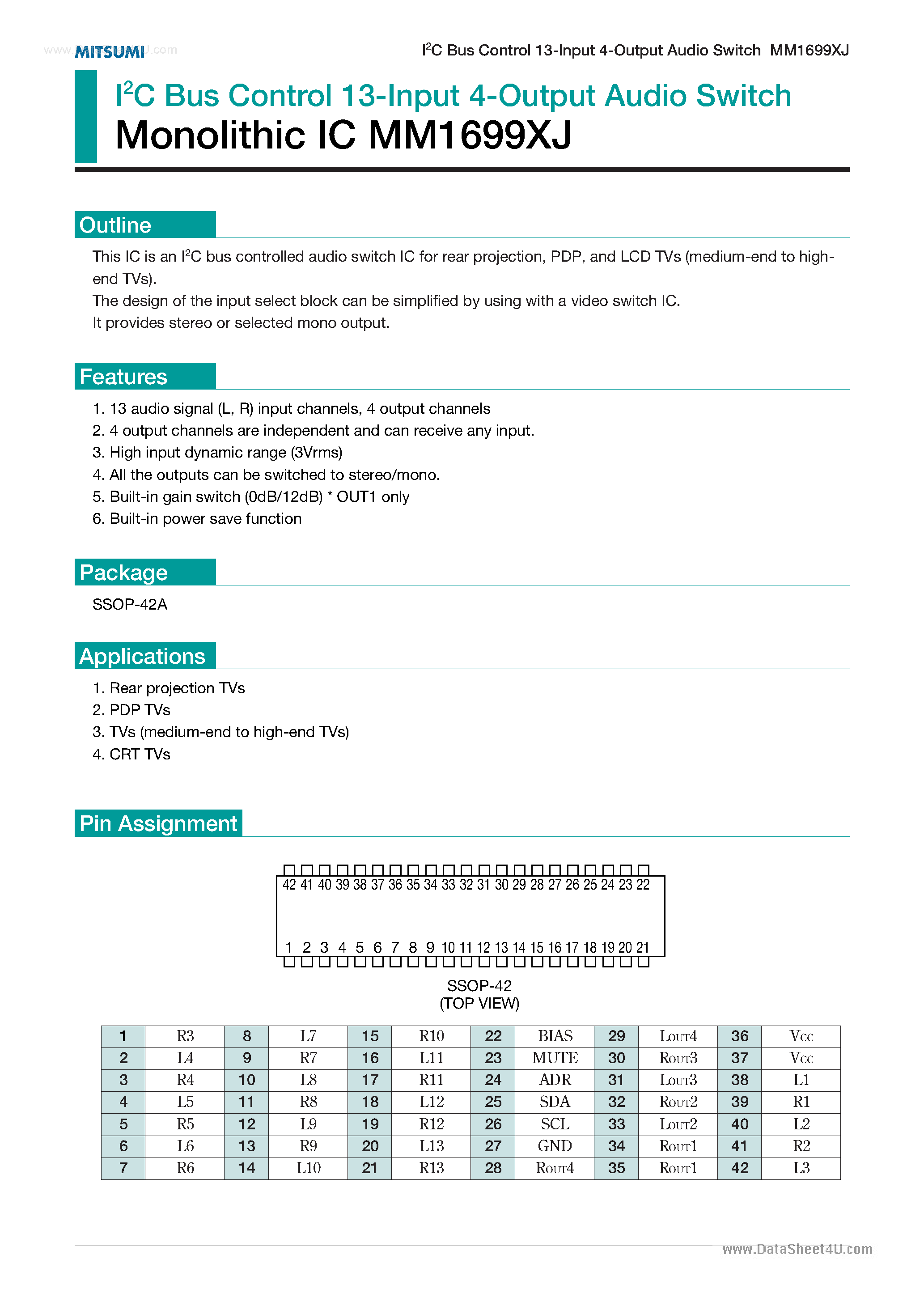 Datasheet MM1699XJ - I2C Bus Control 13-Input 4-Output Audio Switch page 1