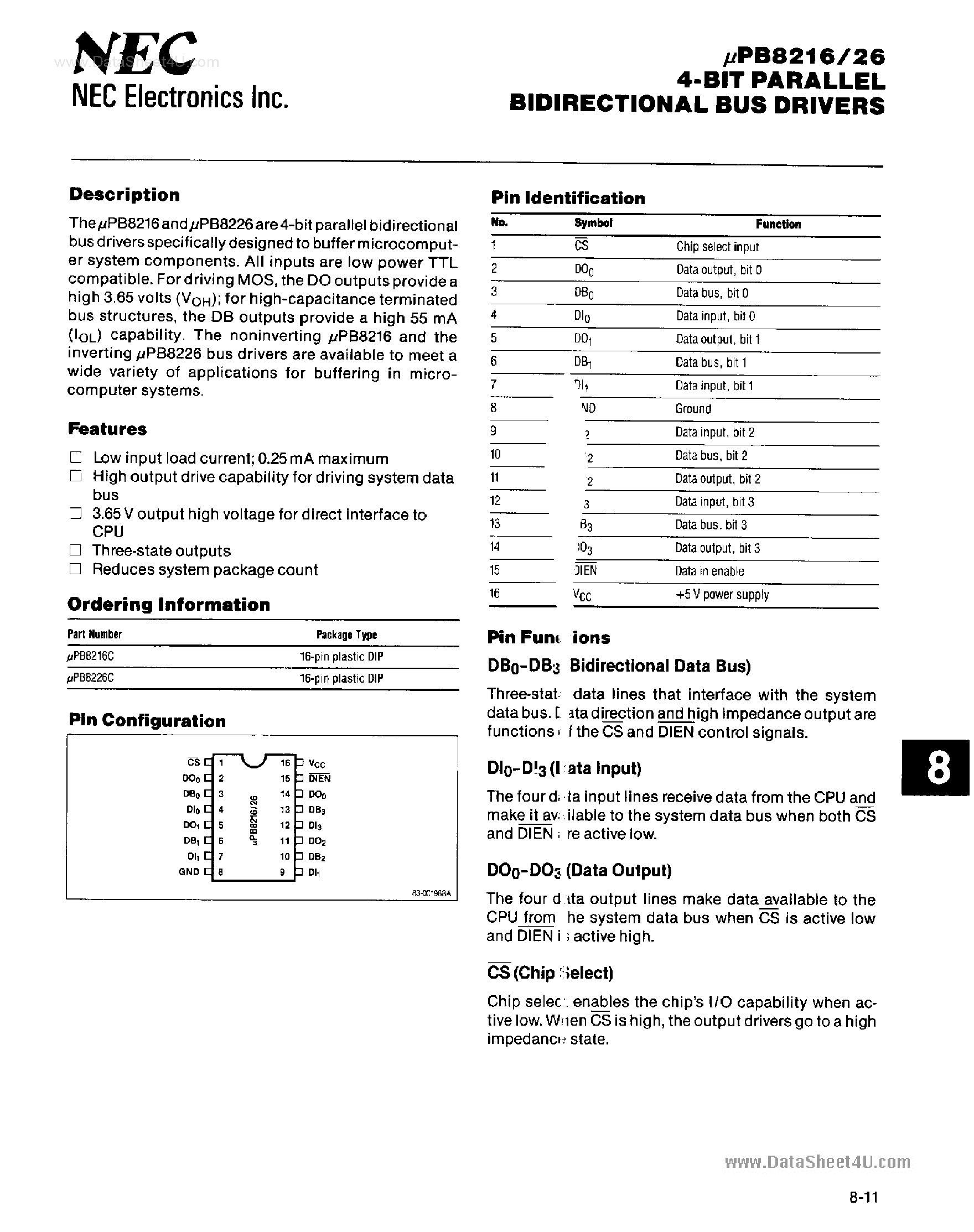 Datasheet UPB8216 page 1 Datasheet UPB8216 - (UPB8216 / UPB8226) 4-Bit Parallel Bidirectional Bus Drivers page 1
