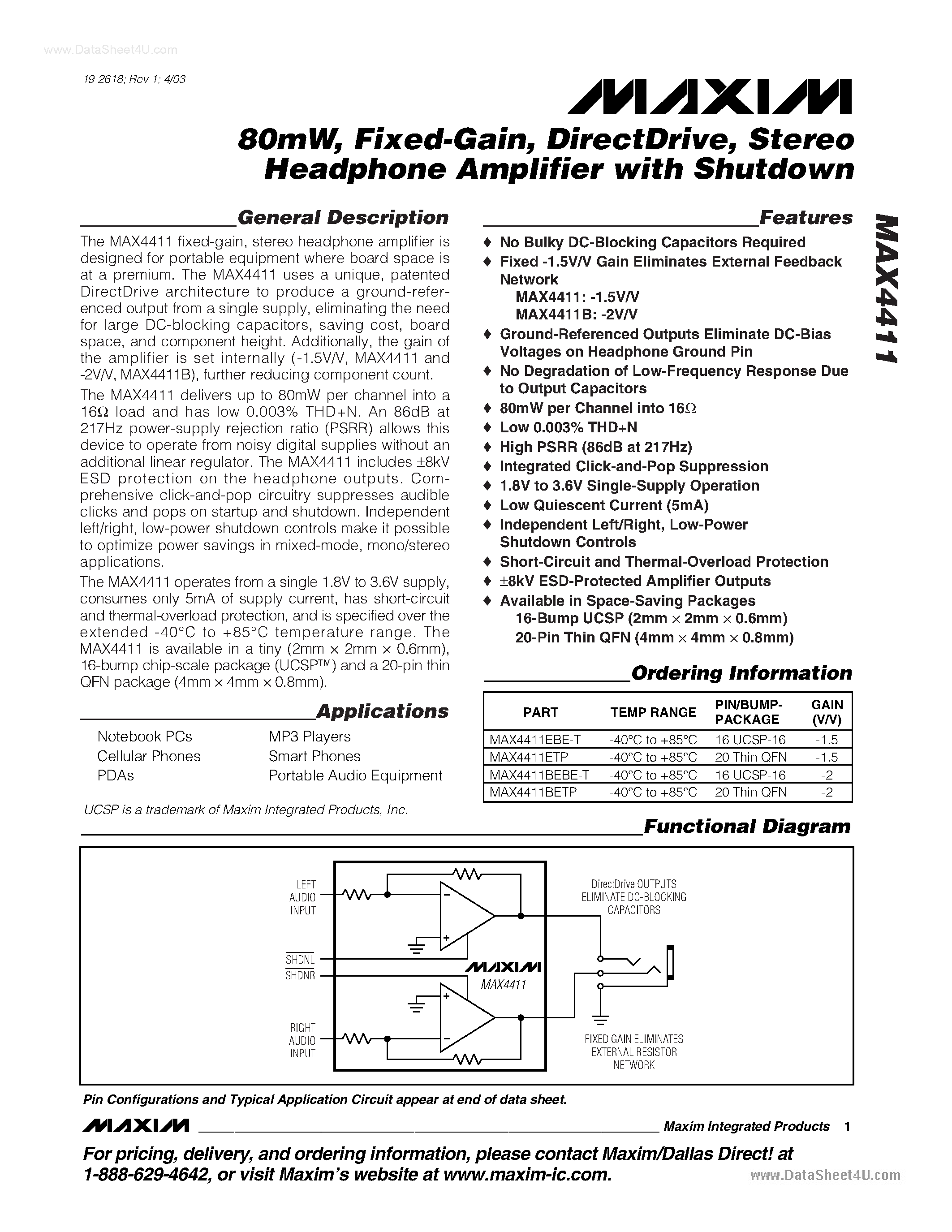 Даташит MAX4411 - Stereo Headphone Amplifier страница 1