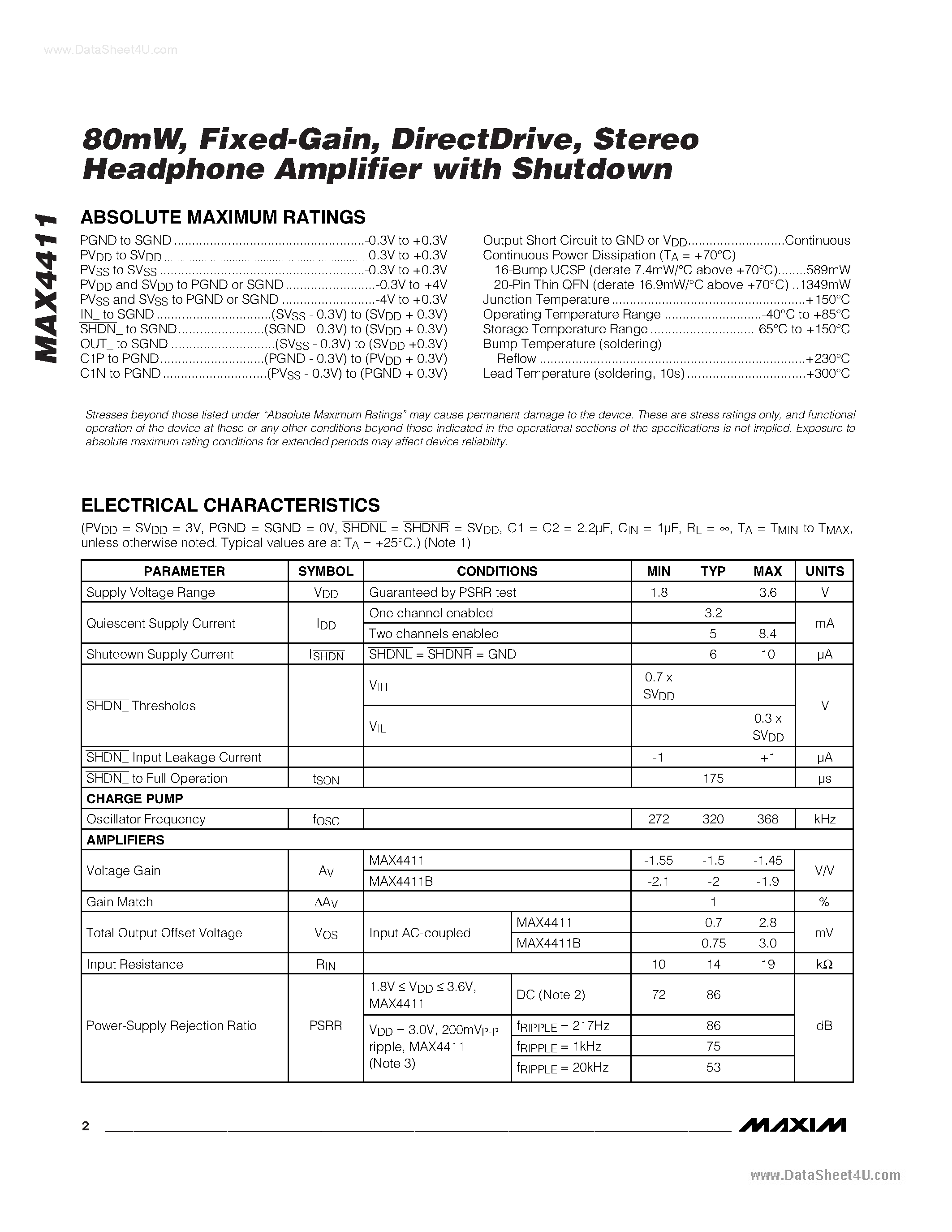 Даташит MAX4411 - Stereo Headphone Amplifier страница 2