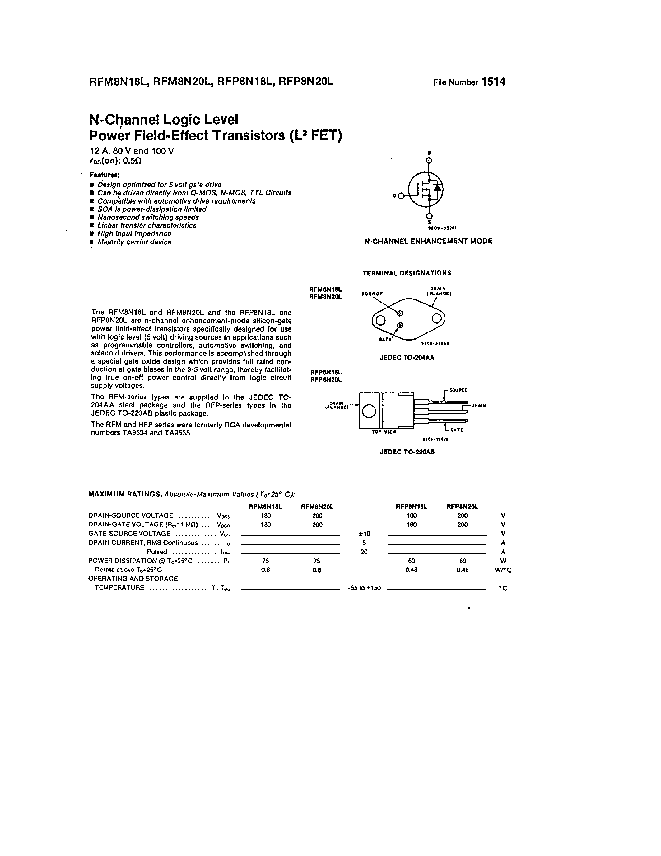 Datasheet RFM8N18L - (RFM8N18L / RFM8N20L) N-CHANNEL LOGIC LEVEL POWER FIELD EFFECT TRANSISTORS page 1