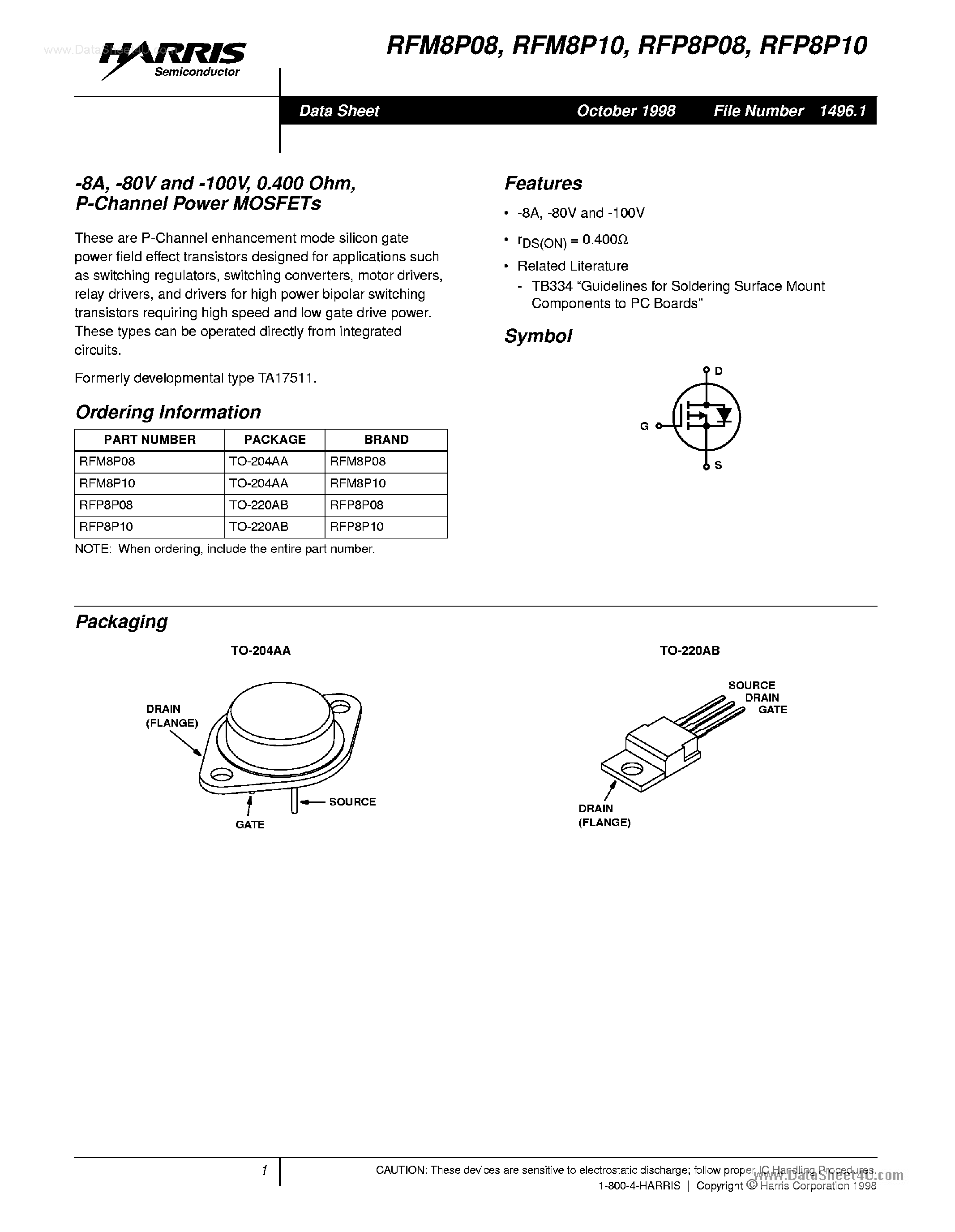 Datasheet RFP8P08 - (RFP8P08 / RFP8P10) P-CHANNEL POWER MOSFETS page 1