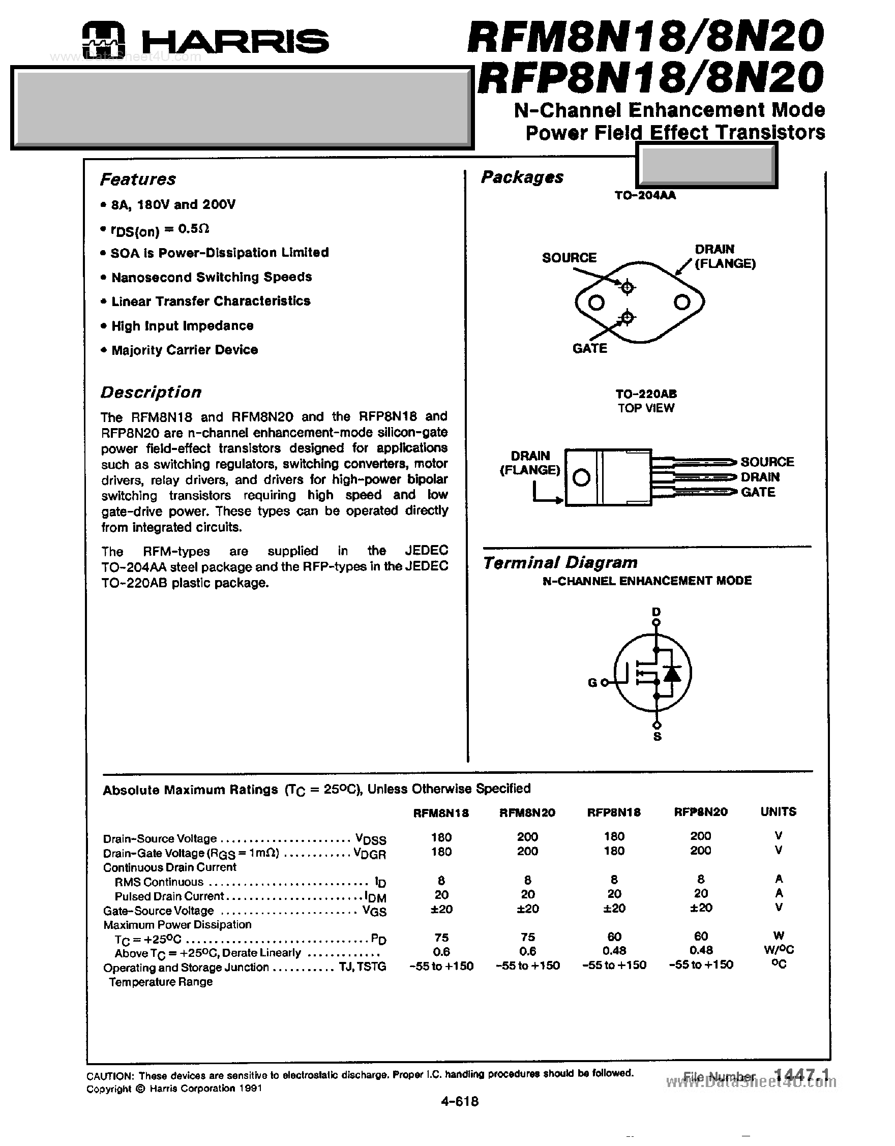 Datasheet RFM8N18 page 1 Datasheet RFM8N18 - (RFM8N18 / RFM8N20) N-Channel Enhancement Mode Power Field Effect Transistors page 1