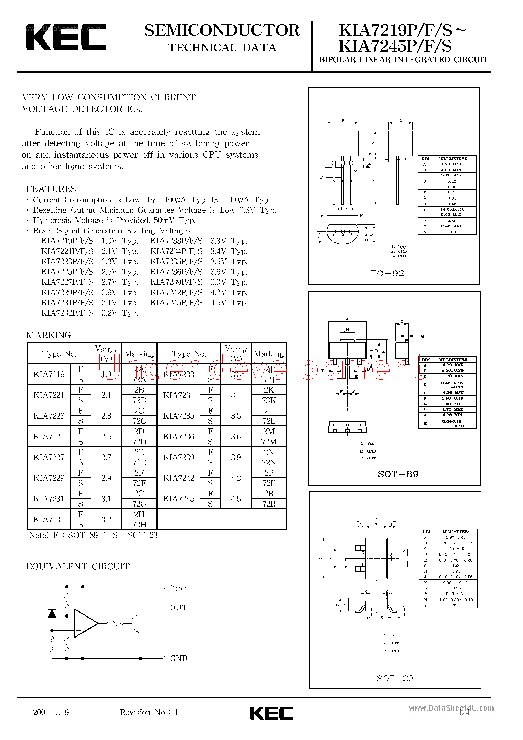 Даташит KIA7219F - (KIA7219x - KIA7245x) Bipolar Linear Integrated Circuit страница 1