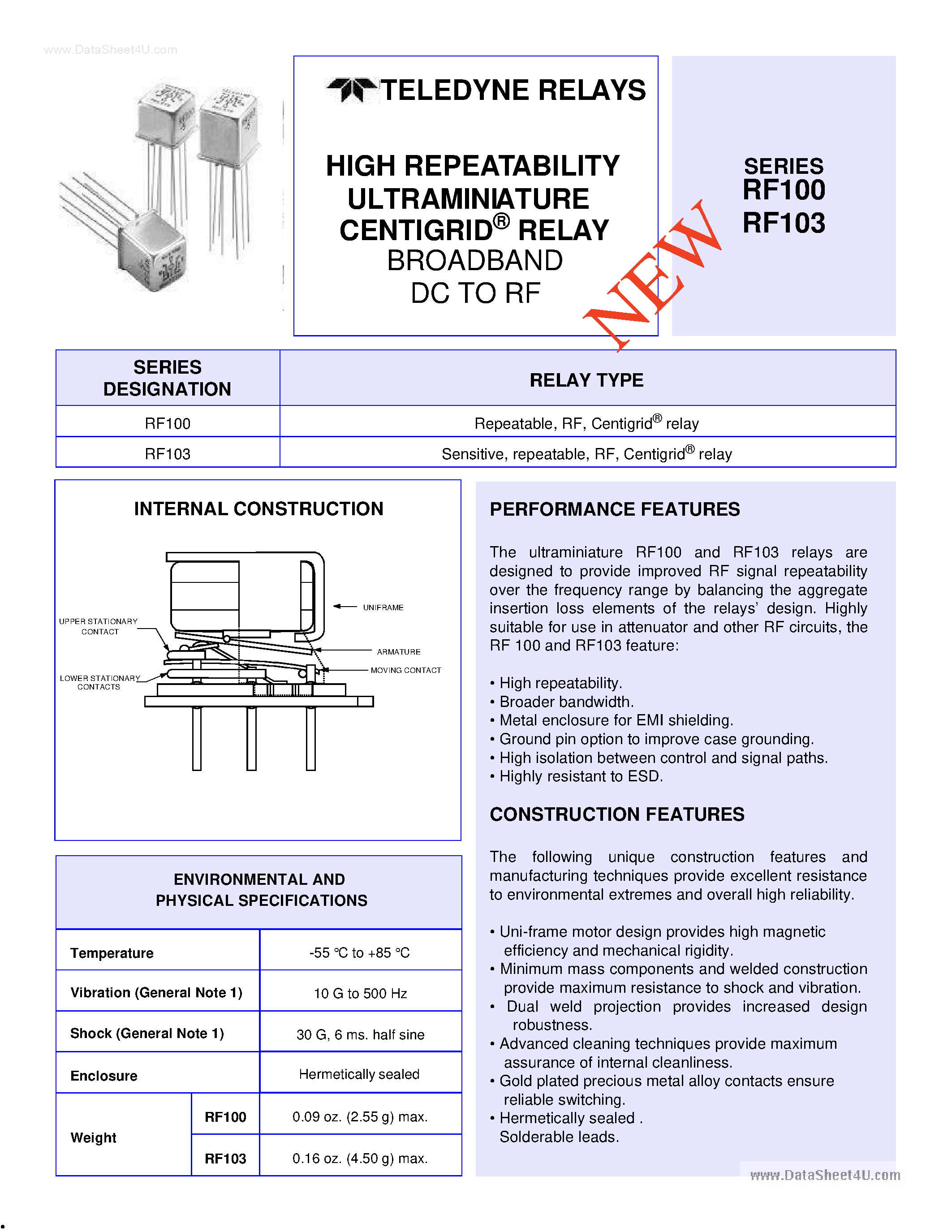 Datasheet RF100 - (RF100 / RF103) HIGH REPEATABILITY ULTRAMINIATURE CENTIGRID RELAY BROADBAND DC TO RF page 1