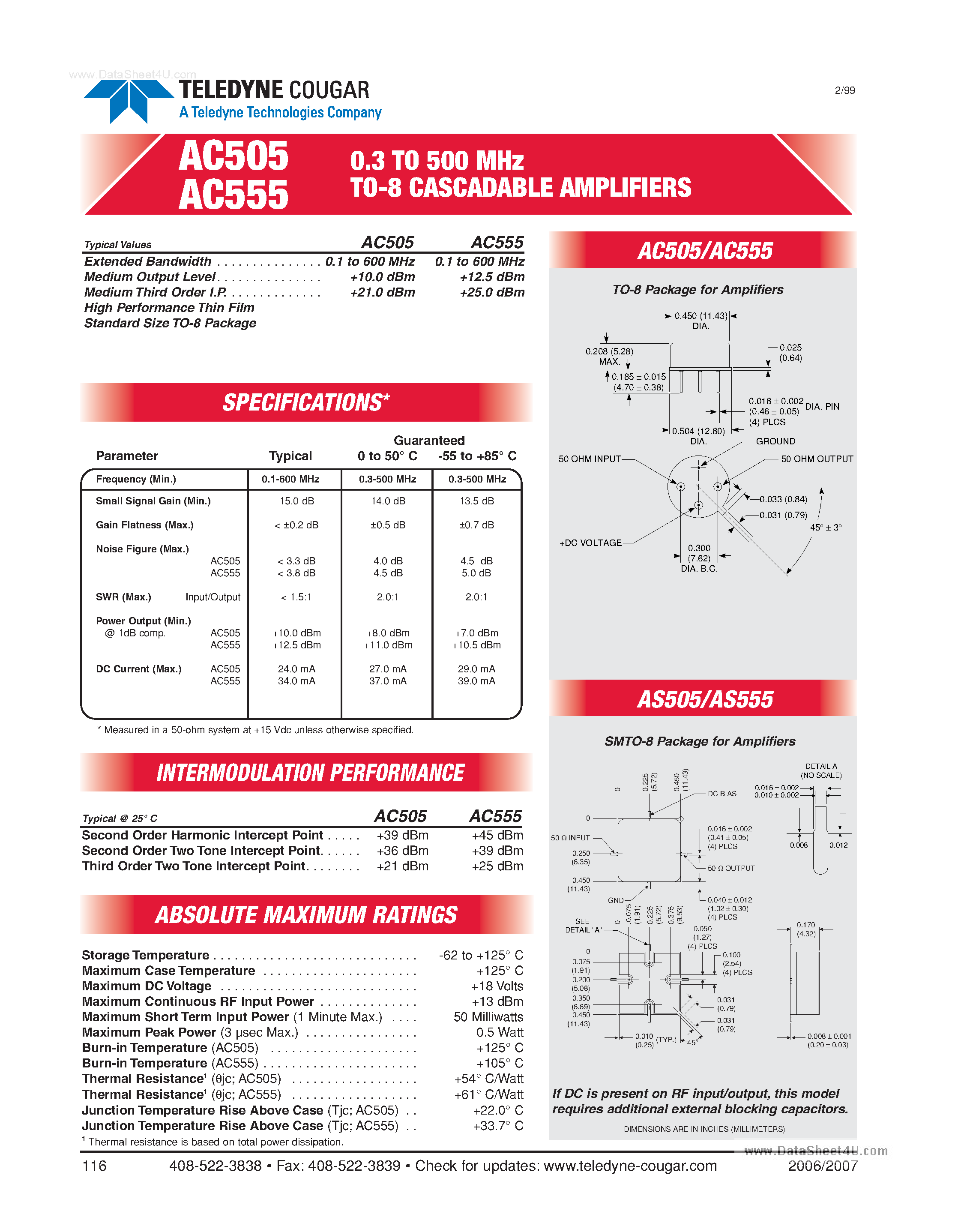 Даташит на микросхему AC505 страница 1 Даташит AC505 - (AC505 / AC555) TO-8 Cascadable AMplifiers страница 1