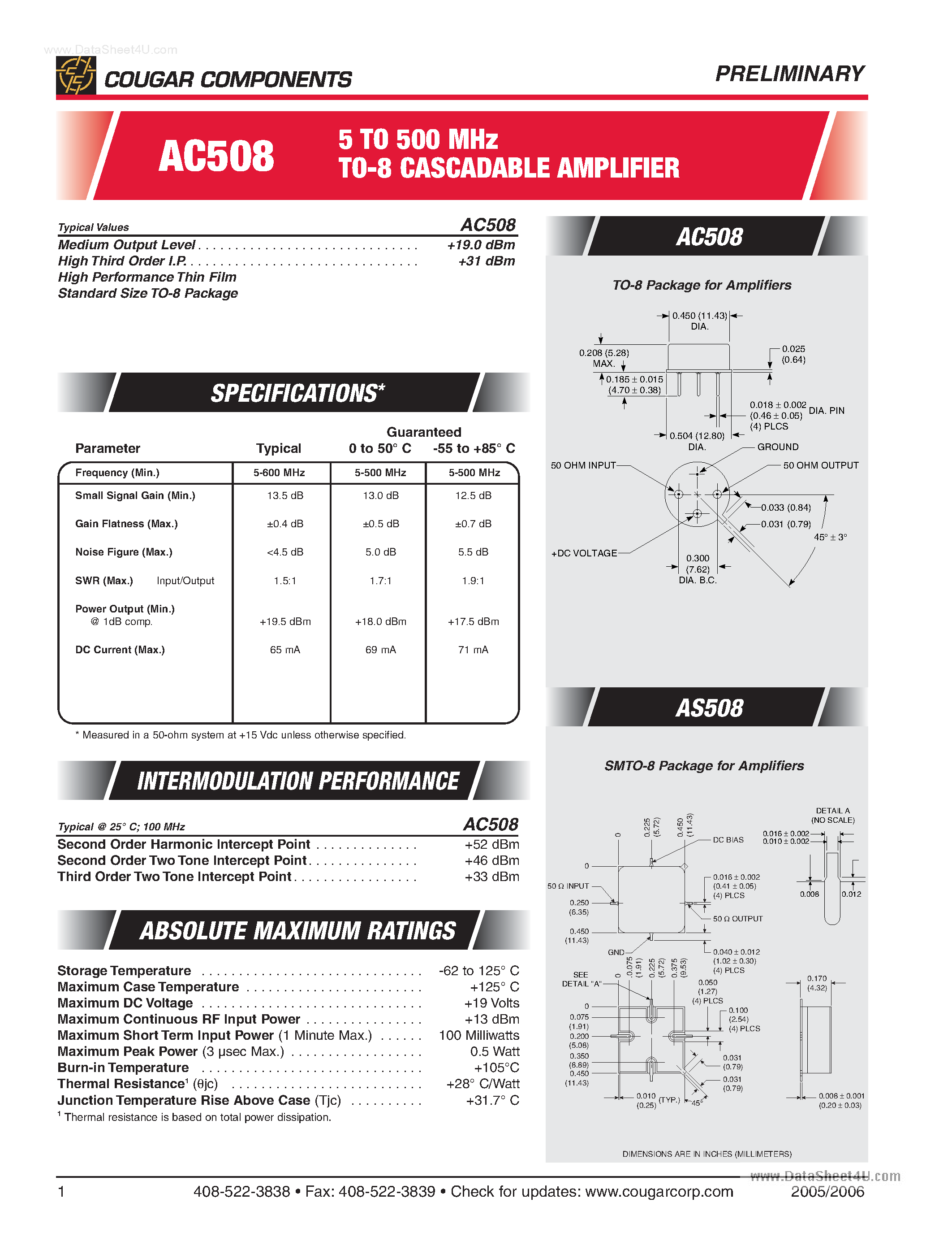 Даташит на микросхему AC508 страница 1 Даташит AC508 - TO-8 Cascadable AMplifiers страница 1
