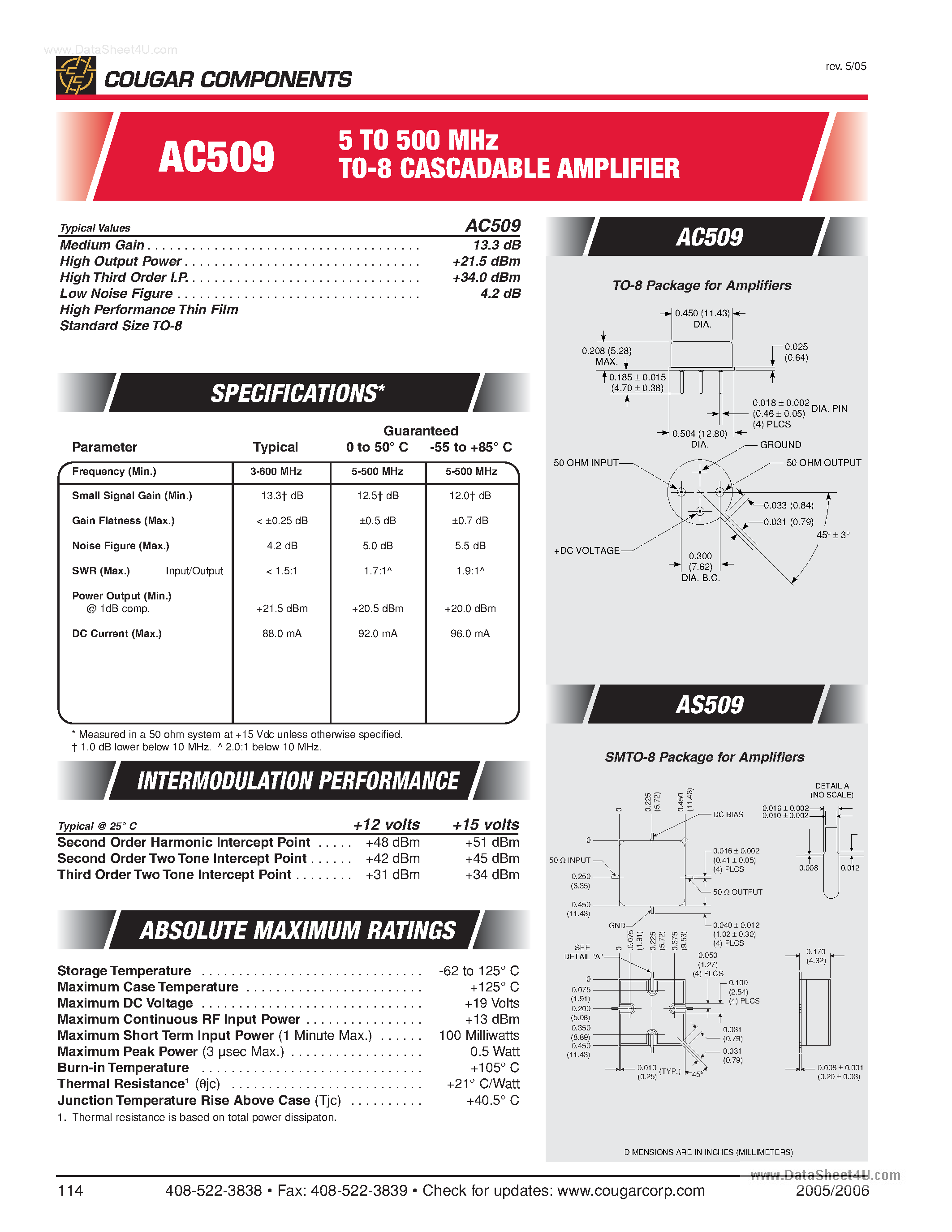 Даташит на микросхему AC509 страница 1 Даташит AC509 - TO-8 Cascadable AMplifiers страница 1