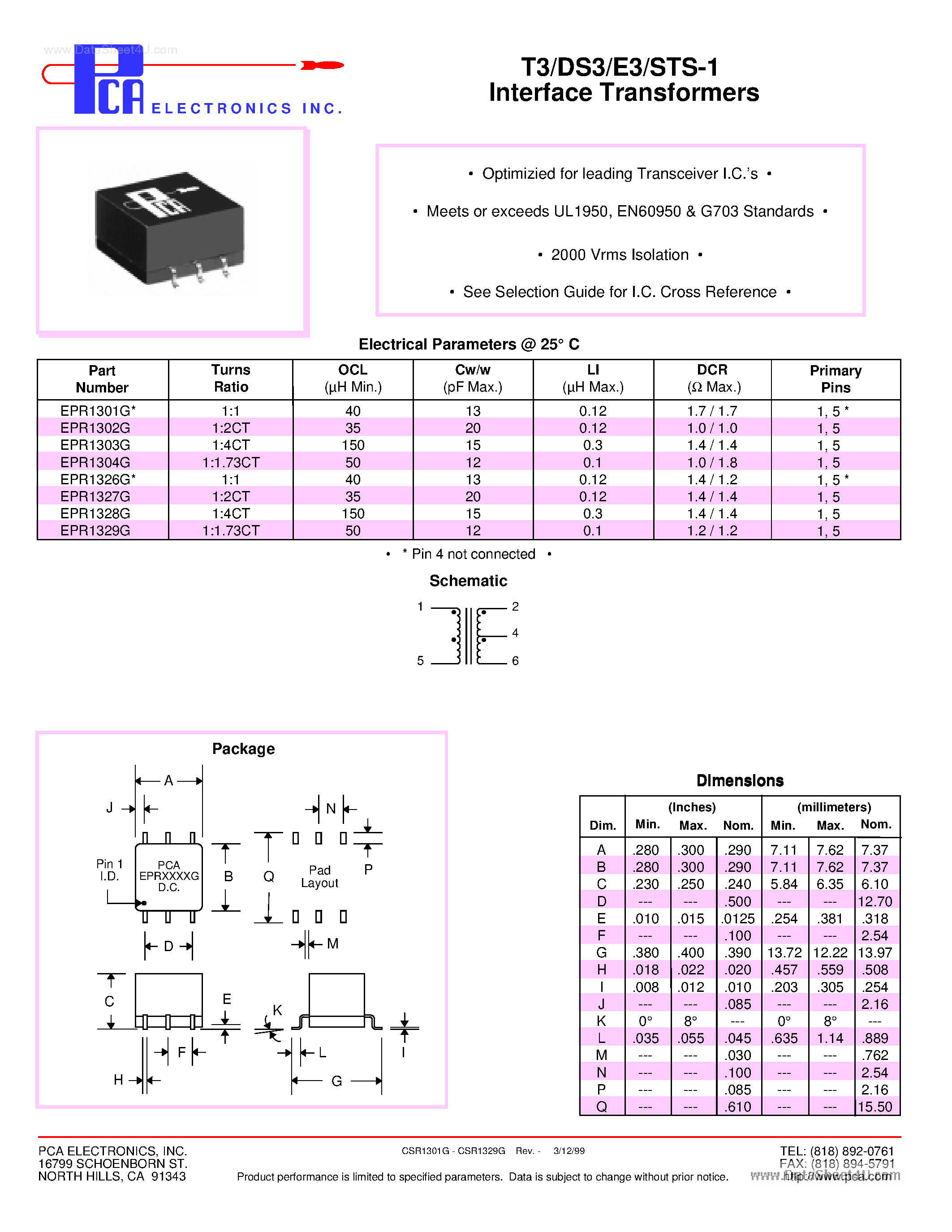 Даташит на микросхему EPR1302G страница 1 Даташит EPR1302G - (EPR1301G - EPR1329G) T3/DS3/E3/STS-1-3 Interface Transformers страница 1