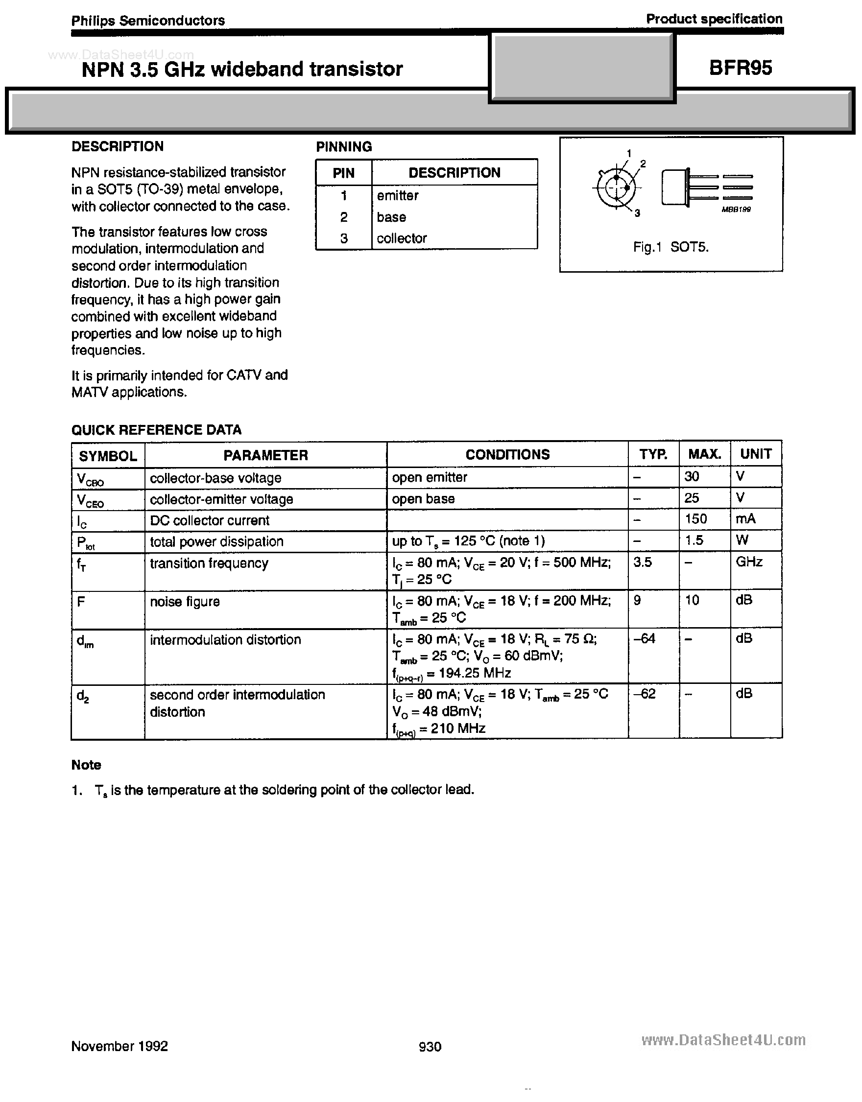 Datasheet BFR95 page 1 Datasheet BFR95 - NPN 3.5GHz Wideband Transistor page 1