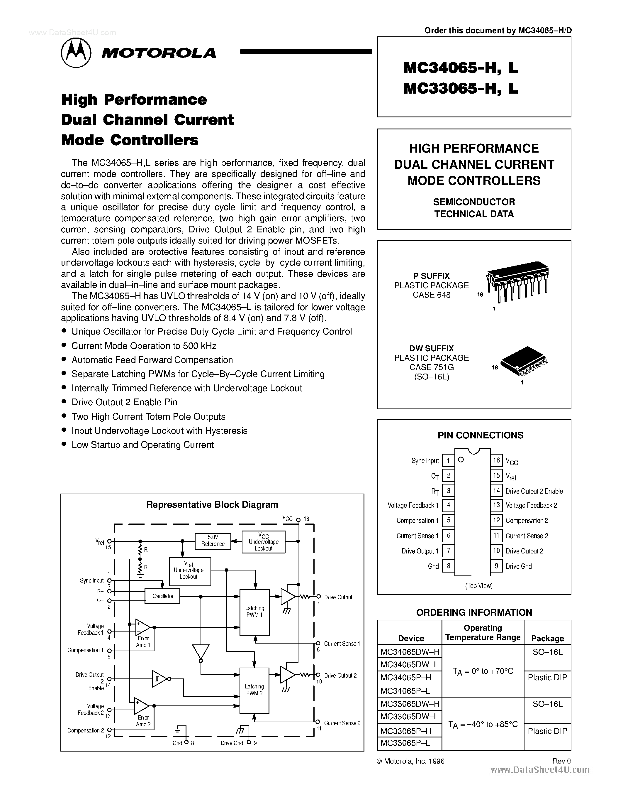 Даташит на микросхему MC33065 страница 1 Даташит MC33065 - (MC33065 / MC34065) High Performance Dual Channel Current Mode Controllers страница 1
