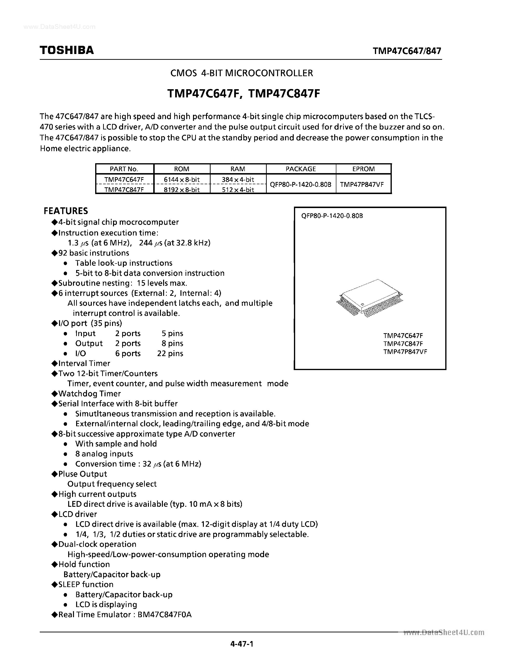 Datasheet TMP47C647F page 1 Datasheet TMP47C647F - (TMP47C647F / TMP47C847F) CMOS 4-bit Microcontroller page 1
