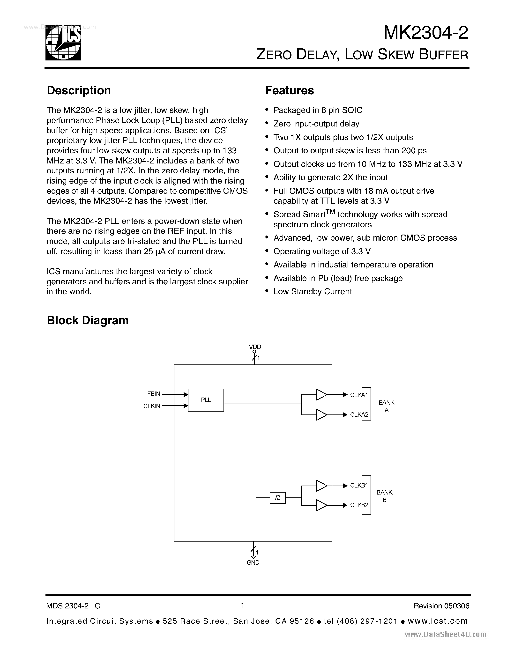 Datasheet MK2304-2 page 1 Datasheet MK2304-2 - LOW SKEW BUFFER page 1