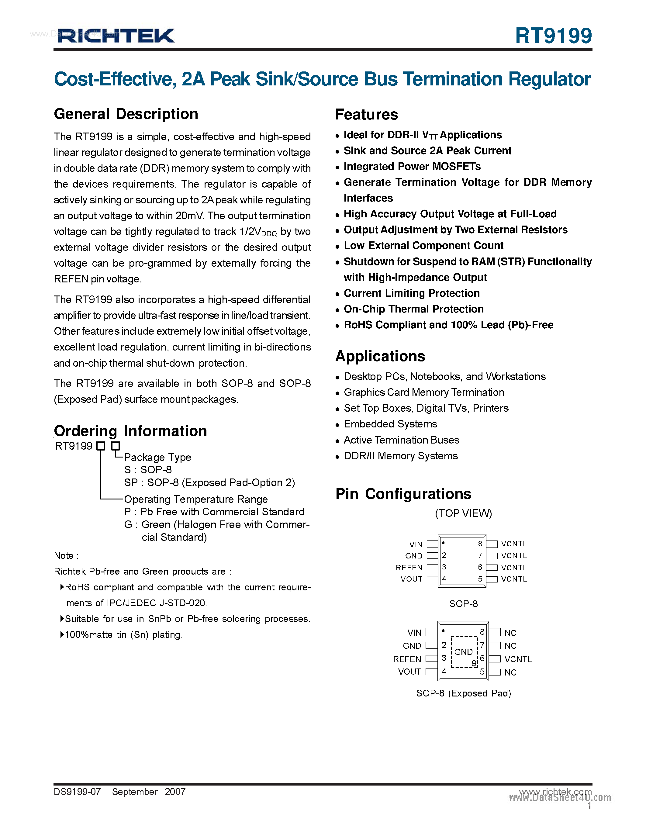 Даташит на микросхему RT9199 страница 1 Даташит RT9199 - 2A Peak Sink/Source Bus Termination Regulator страница 1