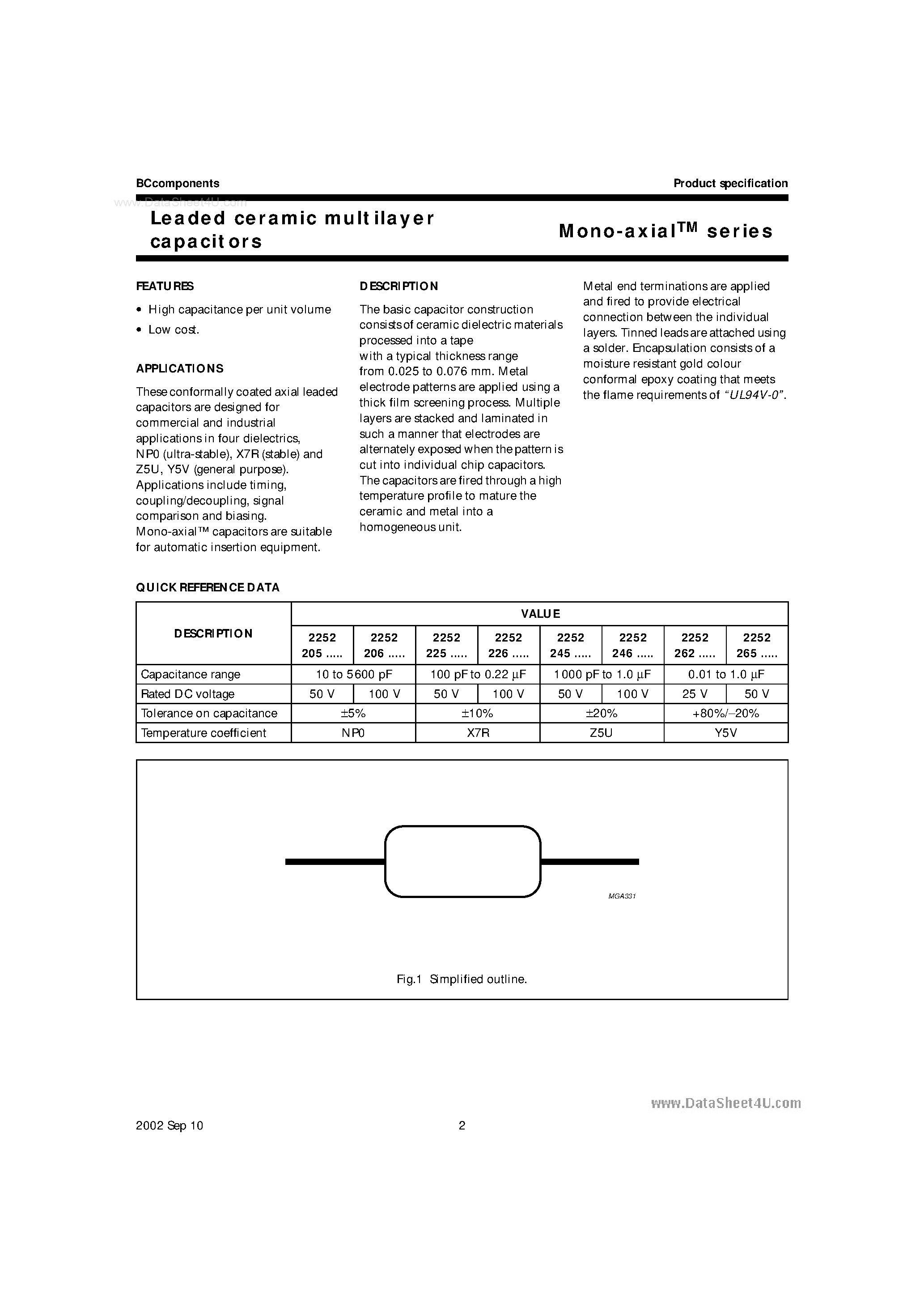 Datasheet A102Jxxxx - Leaded ceramic multilayer capacitors page 2