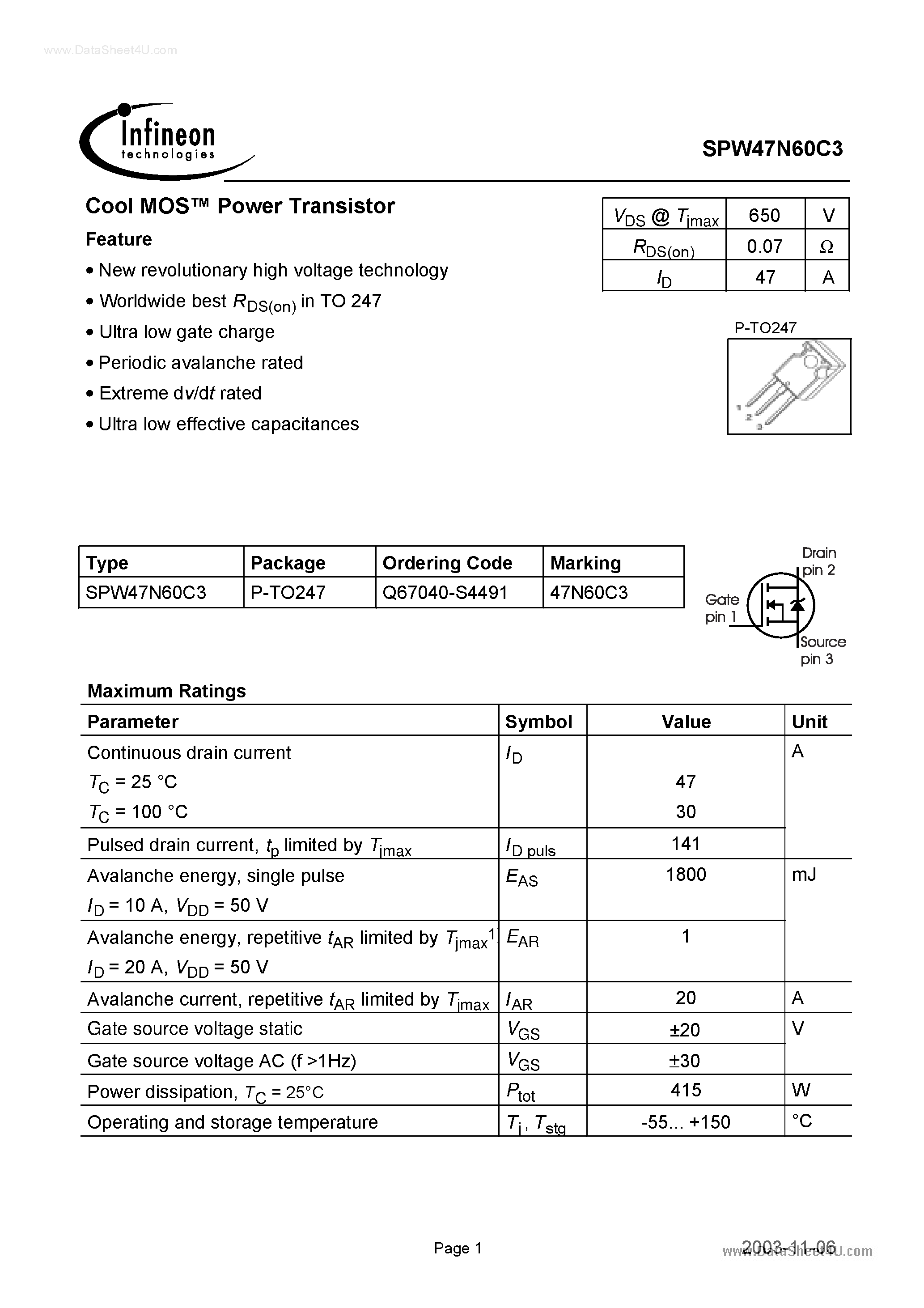 Даташит 47N60C3 - Search -----> SPW47N60C3 страница 1