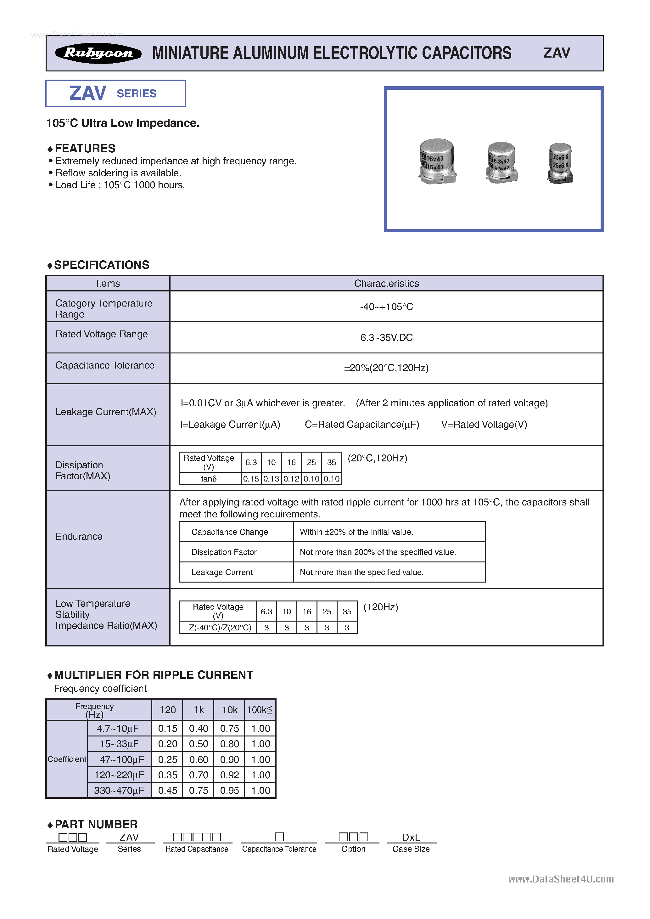 Datasheet 35ZAVxxxxxx page 1 Datasheet 35ZAVxxxxxx - MINIATURE ALUMINUM ELECTROLYTIC CAPACITORS page 1