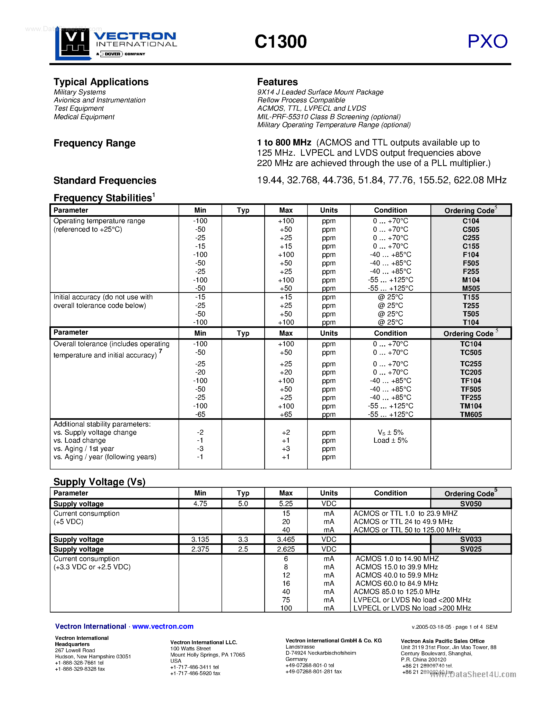 Datasheet C1300 page 1 Datasheet C1300 - PXO 9X14 J Leaded Surface Mount Package page 1