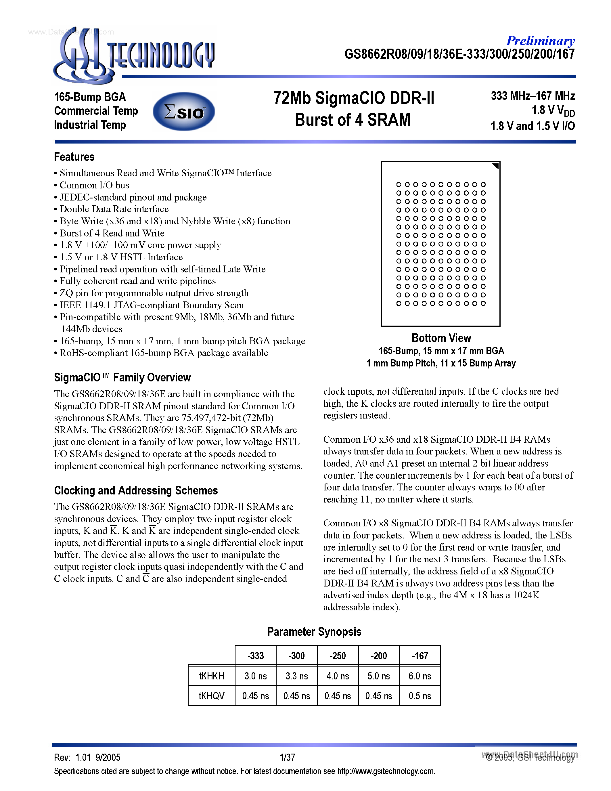 Даташит на микросхему GS8662R08E-xxx страница 1 Даташит GS8662R08E-xxx - (GS8662RxxE-xxx) 72Mb SigmaCIO DDR-II Burst of 4 SRAM страница 1