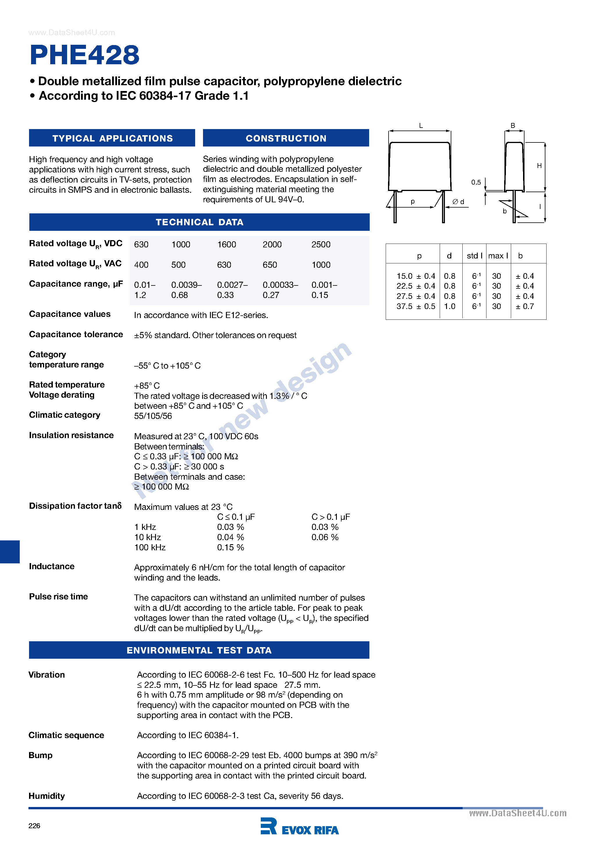 Datasheet PHE428 page 1 Datasheet PHE428 - Double metallized film pulse capacitor page 1