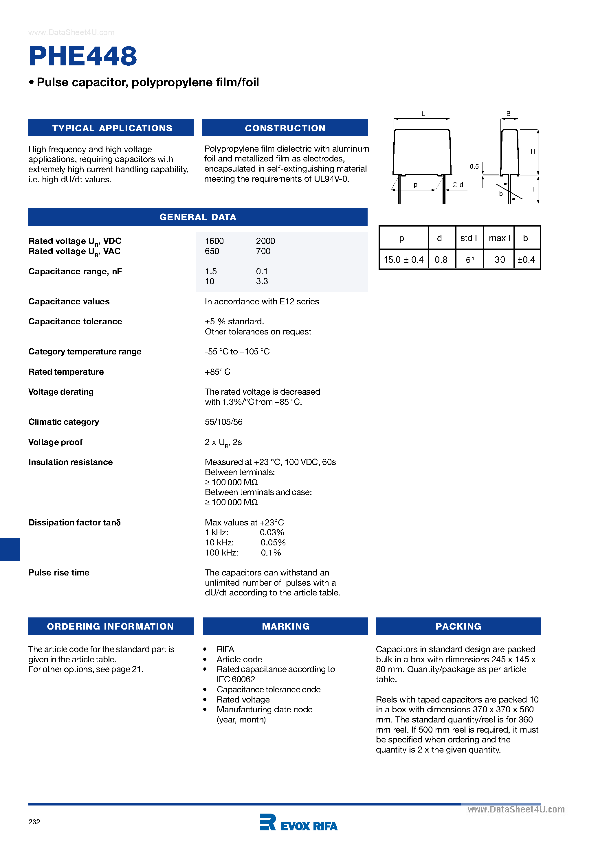 Datasheet PHE448 - Pulse capacitor page 1