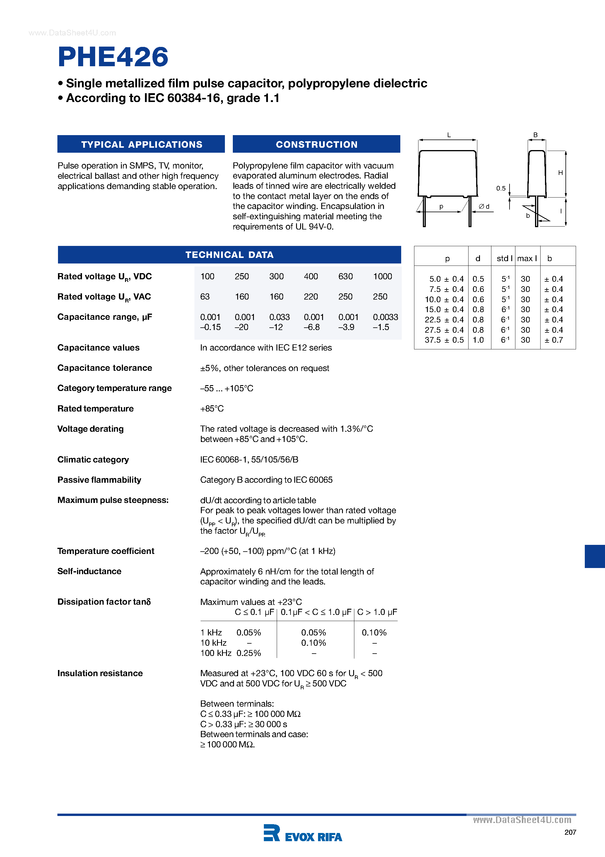 Datasheet PHE426 page 1 Datasheet PHE426 - Pulse capacitor page 1