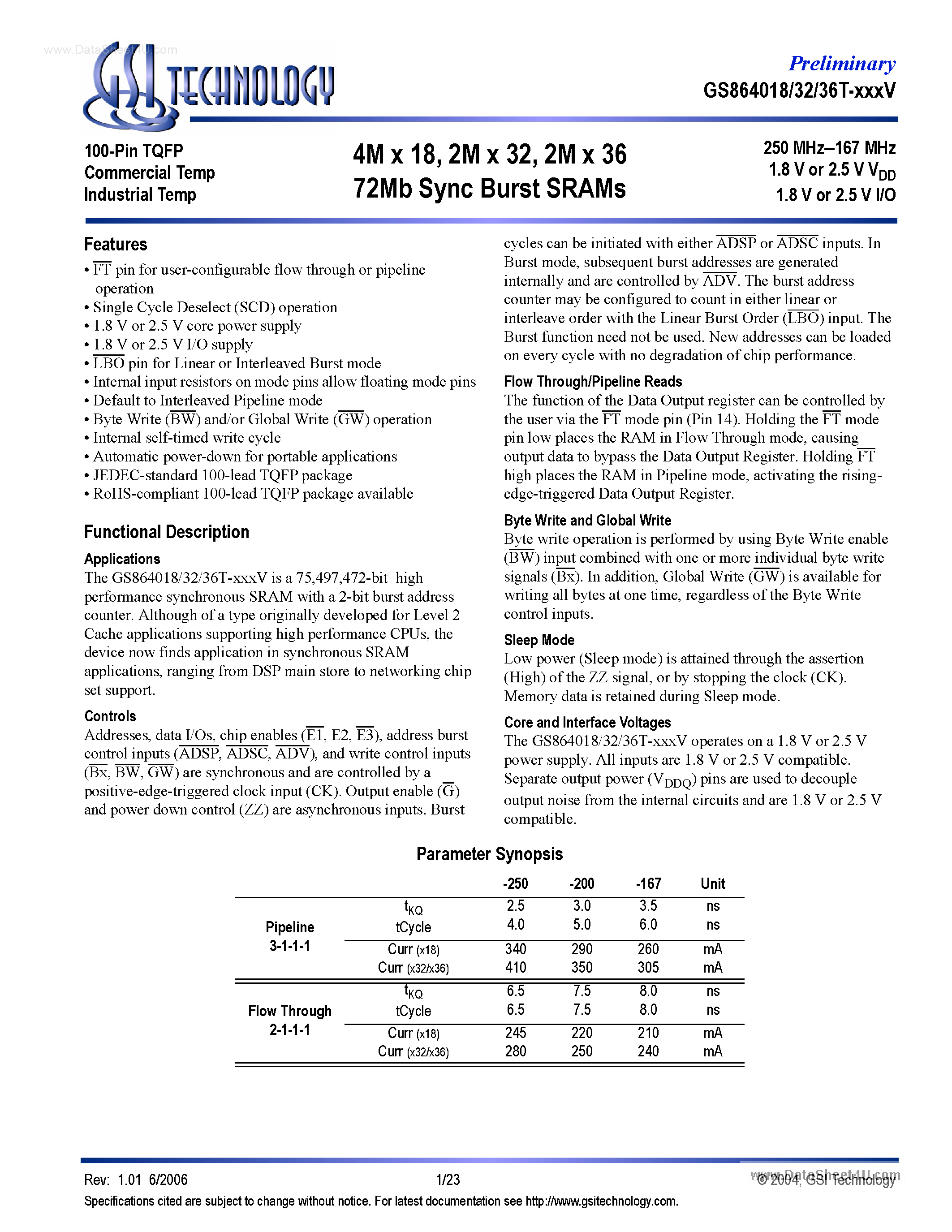 Datasheet GS864018T-xxxV - (GS8640xxGT-xxxV) 4M x 18/ 2M x 32/ 2M x 36 72Mb Sync Burst SRAMs page 1