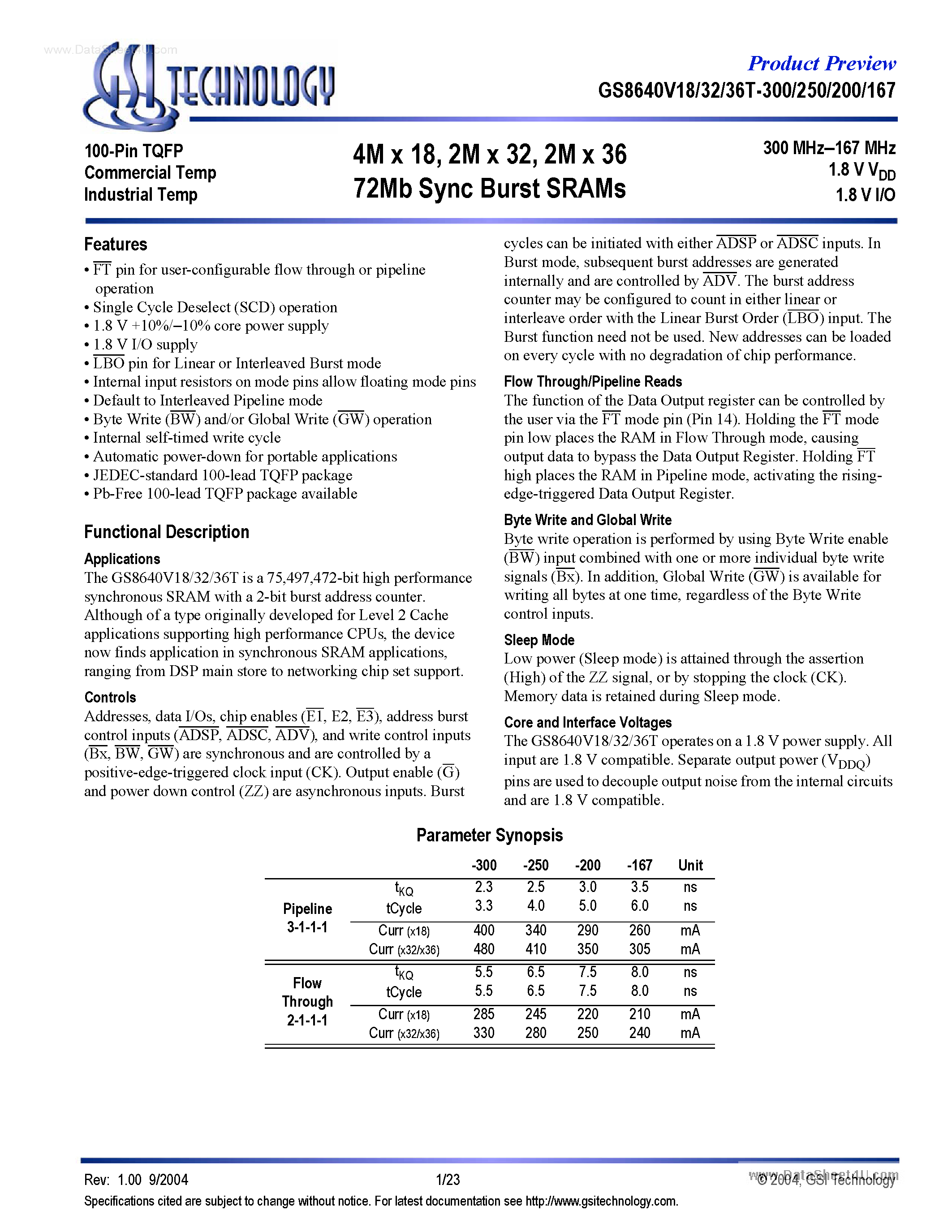 Datasheet GS8640V32T-xxx - (GS8640VxxT-xxx) 4M x 18/ 2M x 32/ 2M x 36 72Mb Sync Burst SRAMs page 1