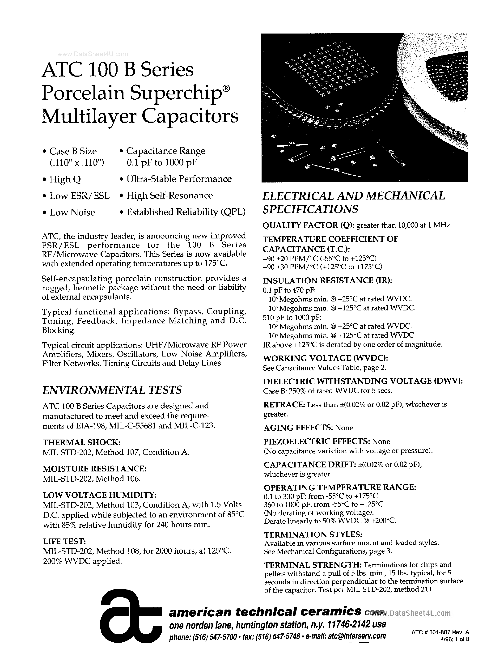Datasheet ATC100B page 1 Datasheet ATC100B - Porcelain High RF Power Multilayer Capacitors page 1