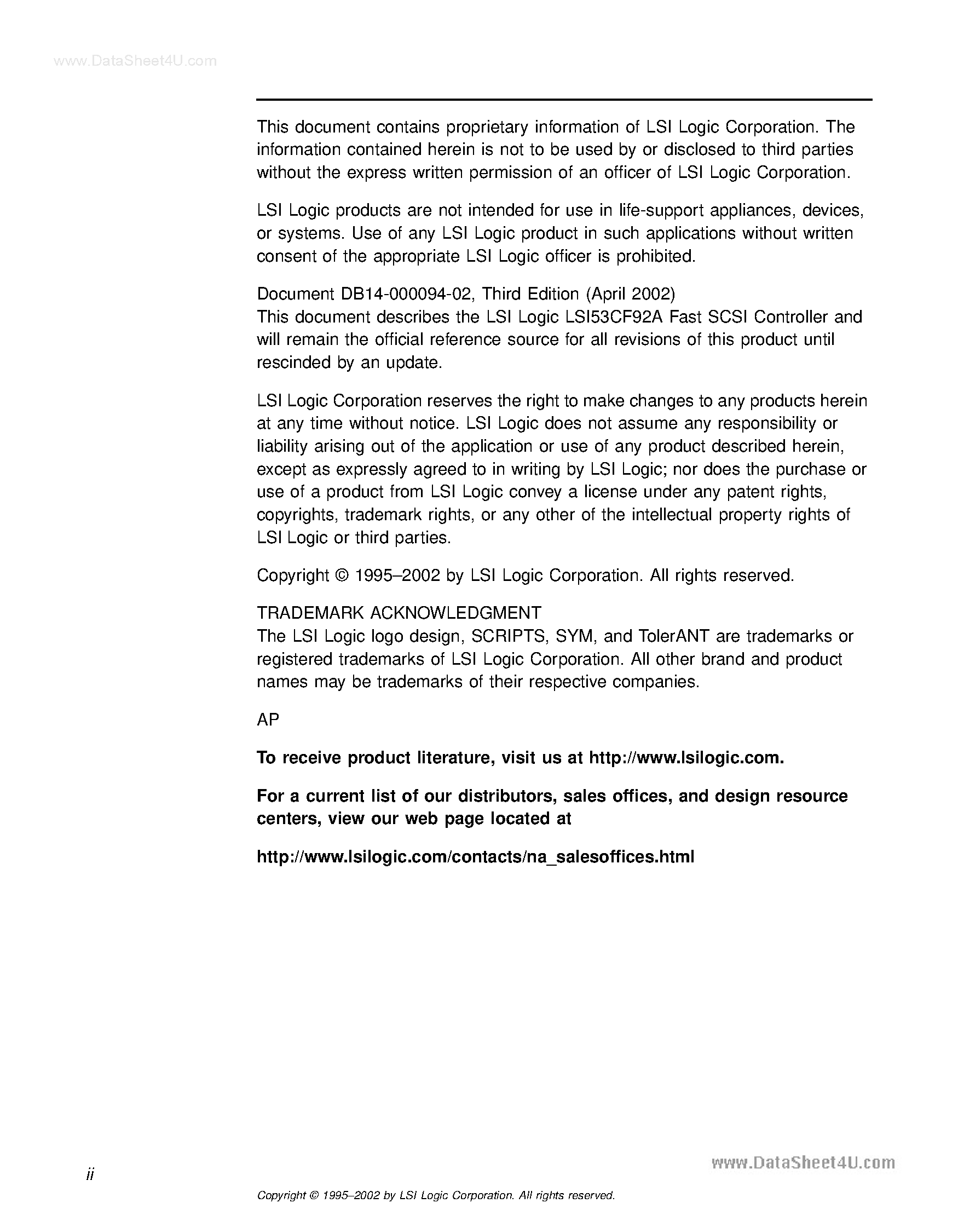 Datasheet LSI53CF92A - Fast Scsi Controller Technical Manual V2.1 4/02 page 2