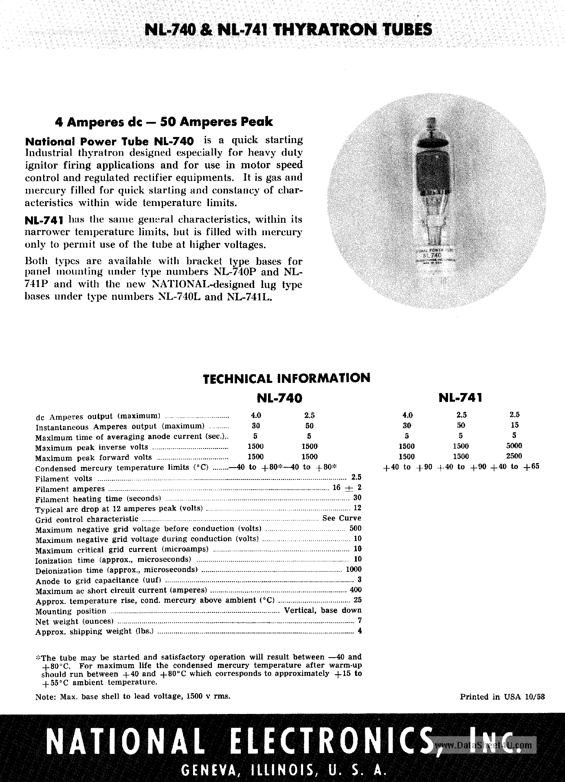 Datasheet NL740 - (NL740 / NL741) THYRATRON TUBES 4 Amperes dc - 50 Amperes Peak page 1