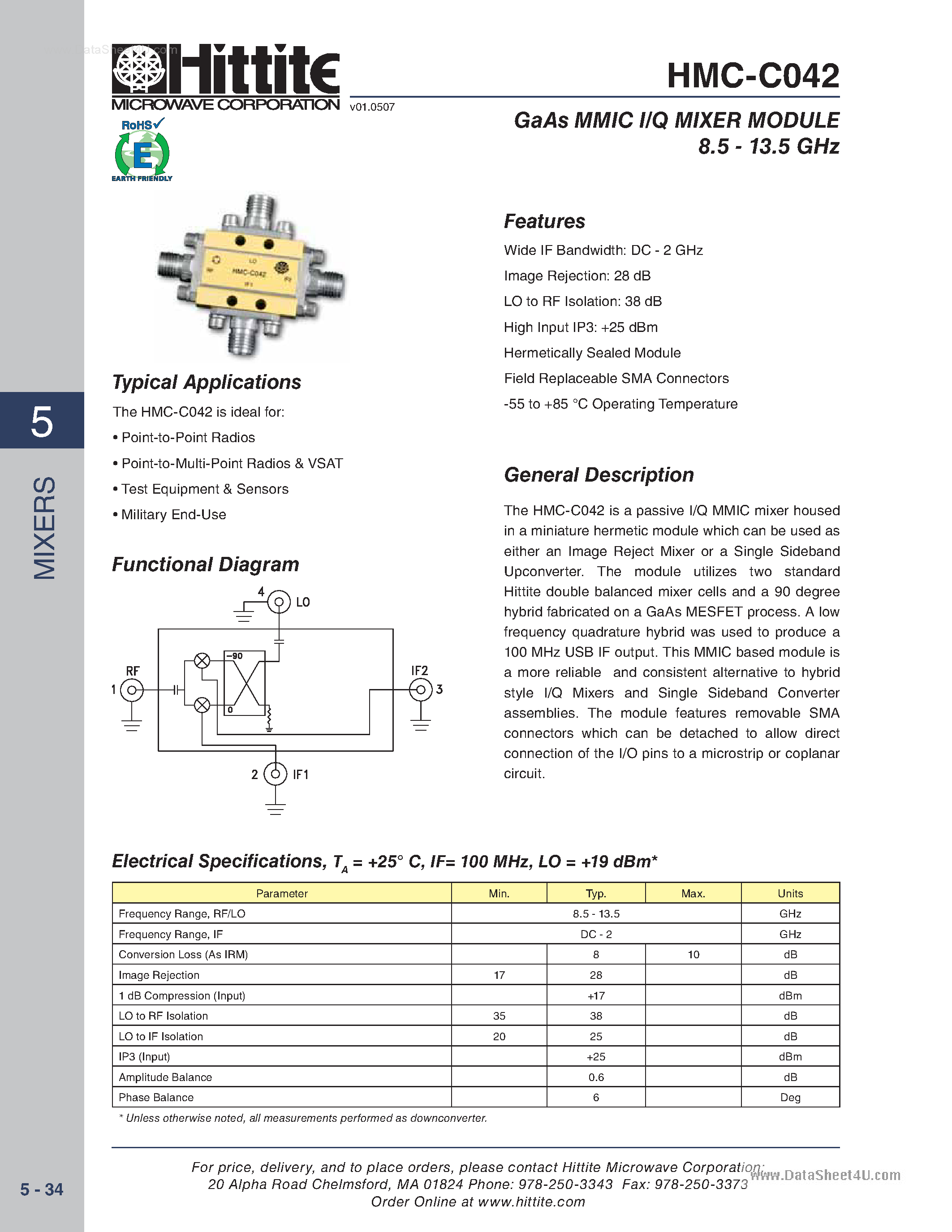 Даташит на микросхему HMC-C042 страница 1 Даташит HMC-C042 - GaAs MMIC I/Q MIXER MODULE страница 1