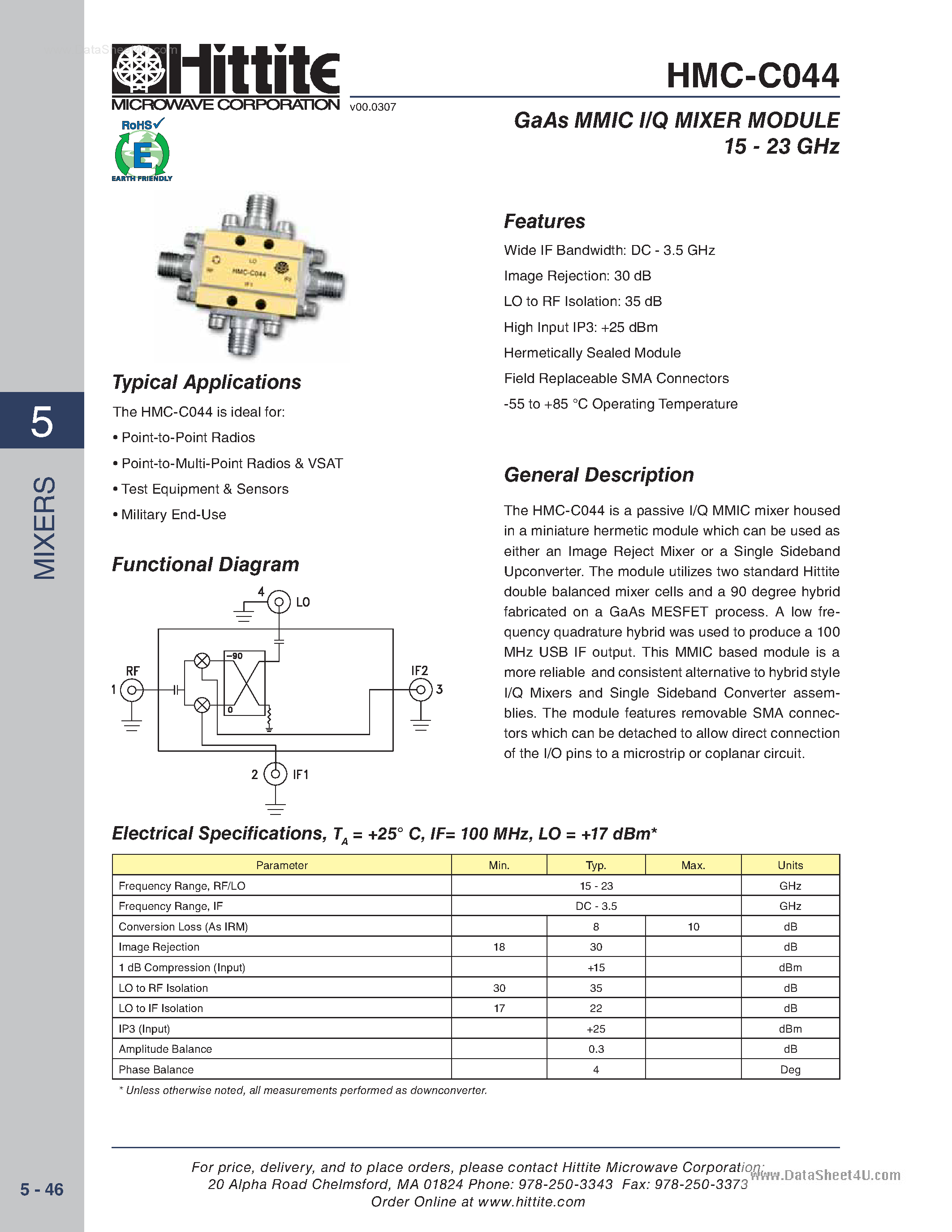 Даташит на микросхему HMC-C044 страница 1 Даташит HMC-C044 - GaAs MMIC I/Q MIXER MODULE страница 1
